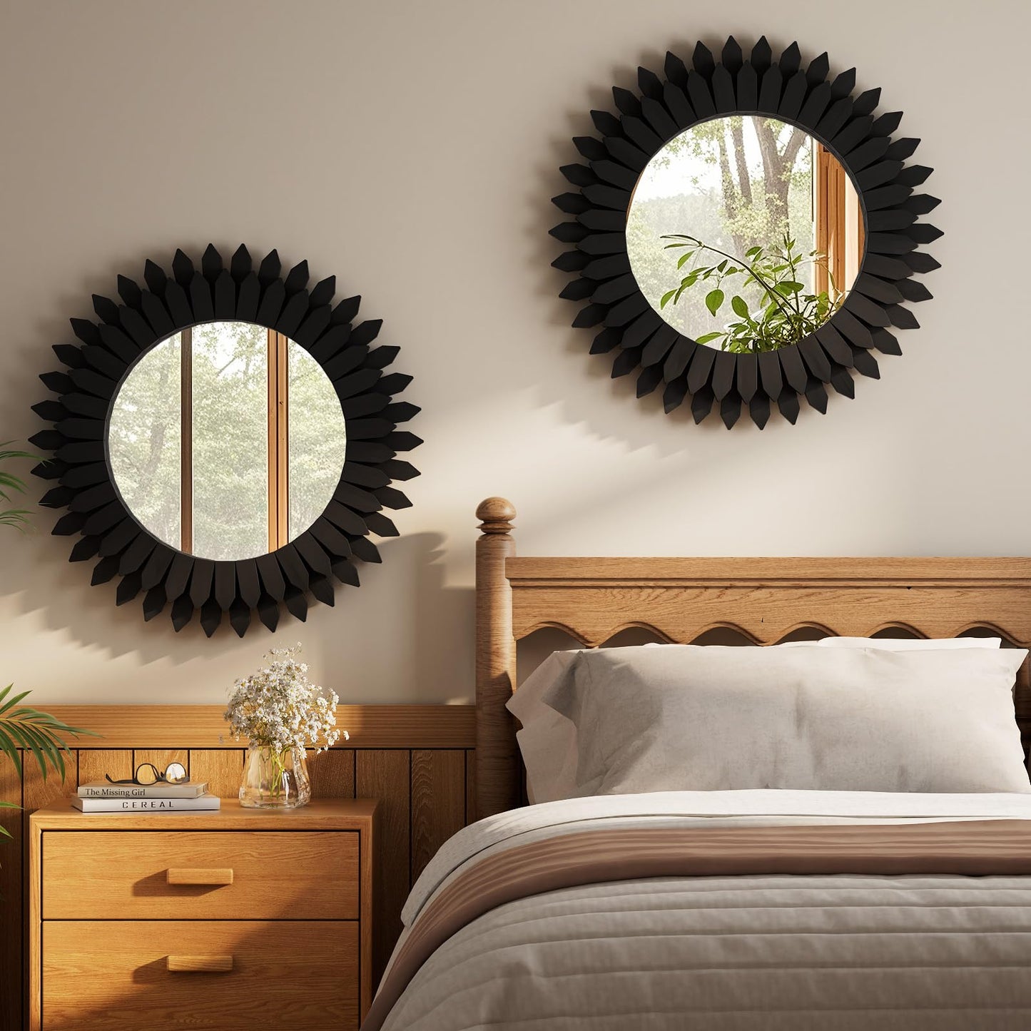 VETROVUE 24 Inch Black Boho Wall Decor Sunburst Mirror - Round Wooden Wall Decor, Handmade Rustic Circular Mirror for Living Room, Bedroom, Entryway, Office