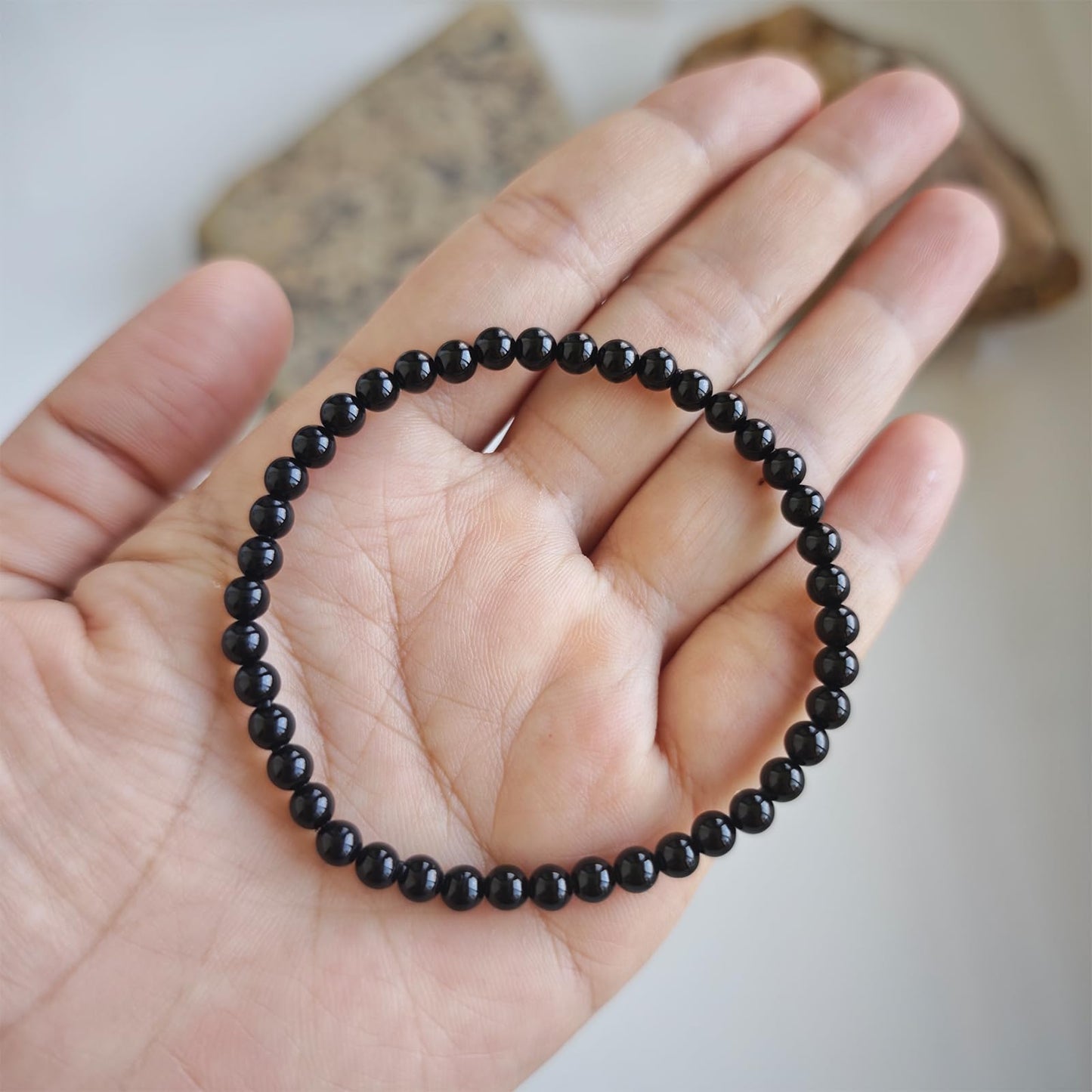 CHCCOYE 4mm Natural Healing Gemstone Bracelet Handmade Yoga Stretch Elastic Bracelet Stress Relief Crystal Jewelry for Men and Women (4mm, Black Onyx)