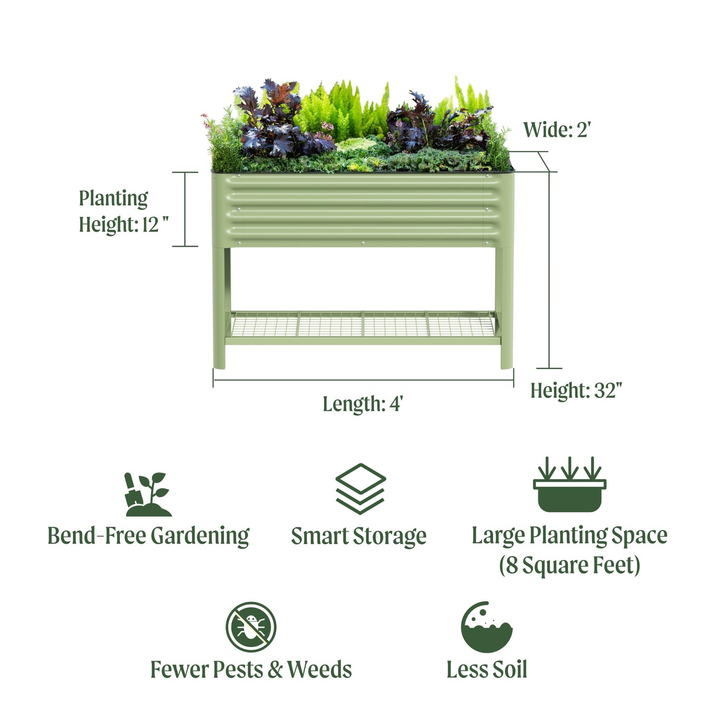 Elevated Raised Garden Bed-V Series, 2' x 4' Garden Beds with Legs & Storage Rack for Patio Porch, 700 Lbs Weight Capacity, Outdoor Planter Boxes for Gardening Herbs Vegetables Flowers, Pearl White