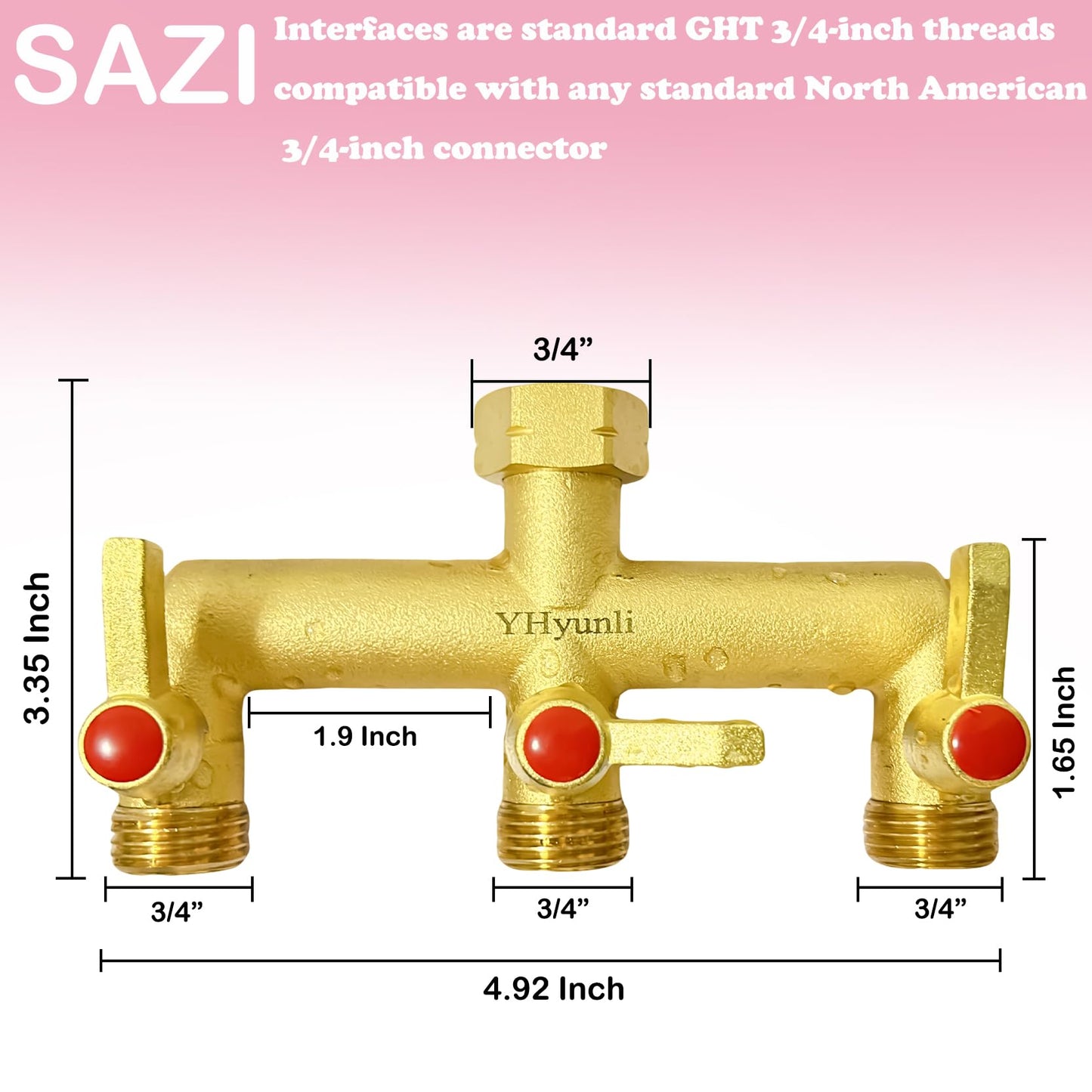 Garden Hose Splitter, 3 Way Hose Splitter, Full Flow 3/4” Rust & Freeze, Outdoor Heavy Duty Brass 3-Way Valve Faucet Adapter, Metal Extended Labor Saving Handle