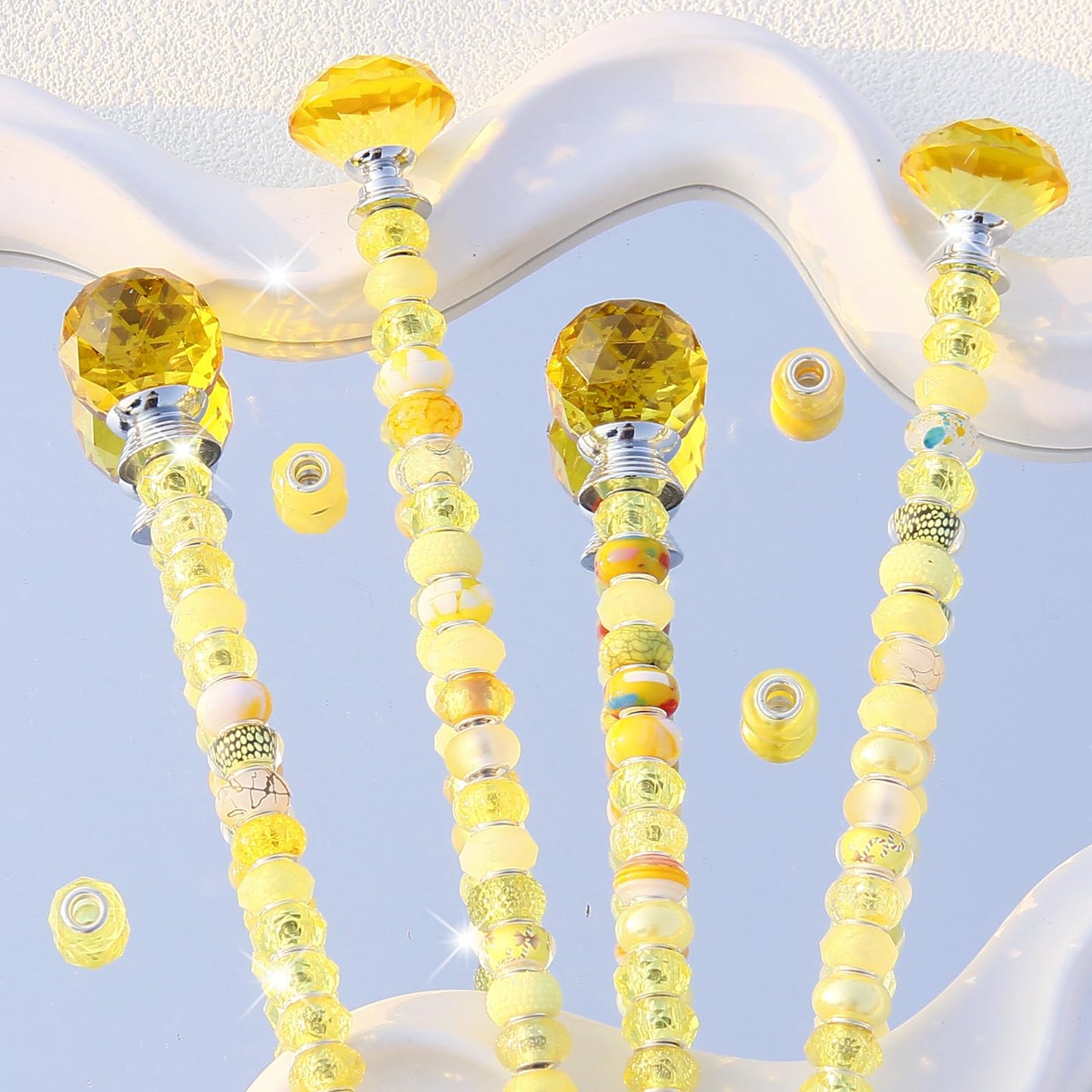 119 Pcs Garden Stake DIY Fairy Wand Plant Stake with Yellow Large Hole Beads Crystal Diamond Stopper Top 4 Stainless Steel Threaded Rod Beaded Garden Stakes for Outdoor Indoor Yard Patio Decorations