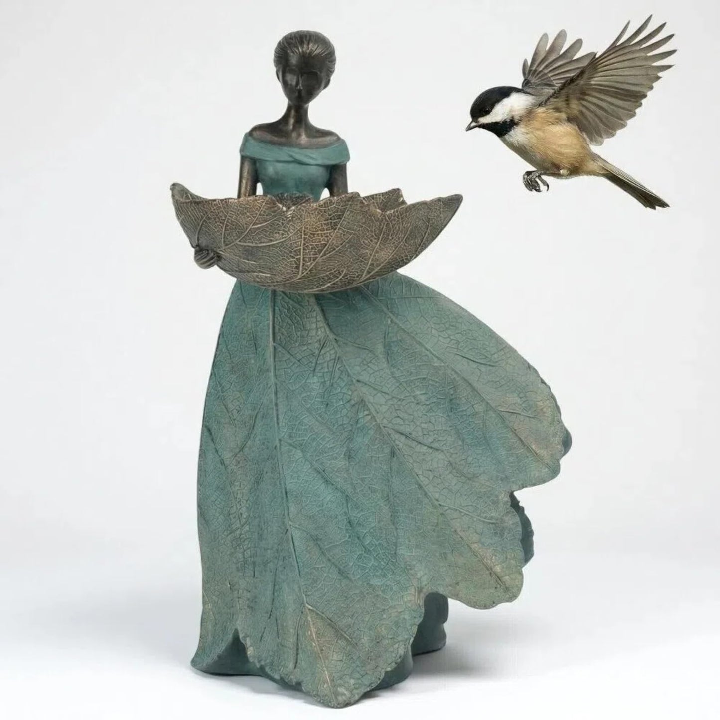 DiliComing Fairy Garden Statues Bird Feeder - 12 Inch Resin Fairy Statue for Outdoor Garden Decor, Outdoor Statues for Patio Yard Flower Beds, Gifts for Women (Green)