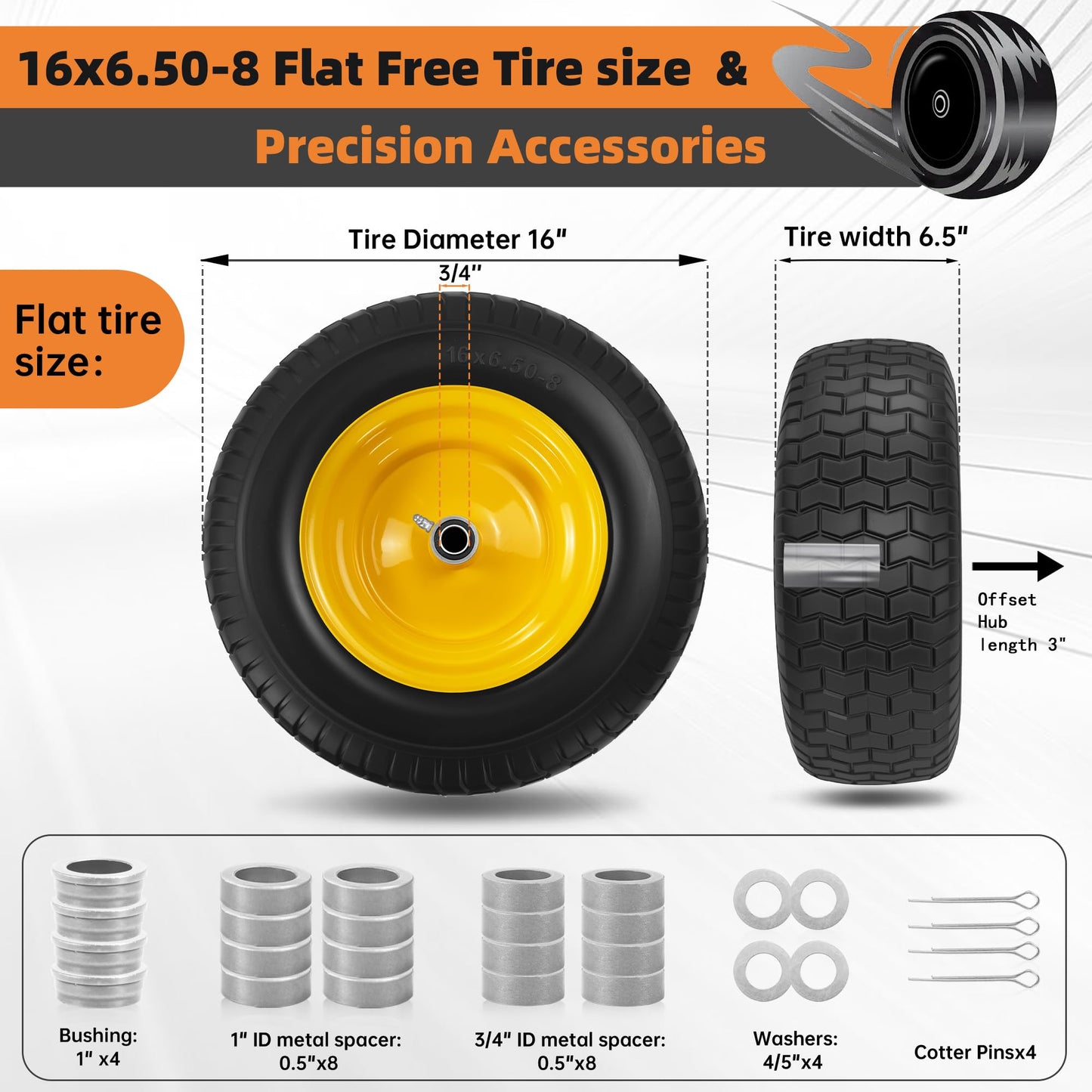2PC 16x6.50-8 Flat Free Tire and Wheel,3/4" Bearings & Extra 1" Bushing,3" Offset Hub, Solid Riding lRLawn Mower Tires, 550lbs Load Capacity, Fit for Lawn Mowers, Riding Mowers and Lawn Tractors.