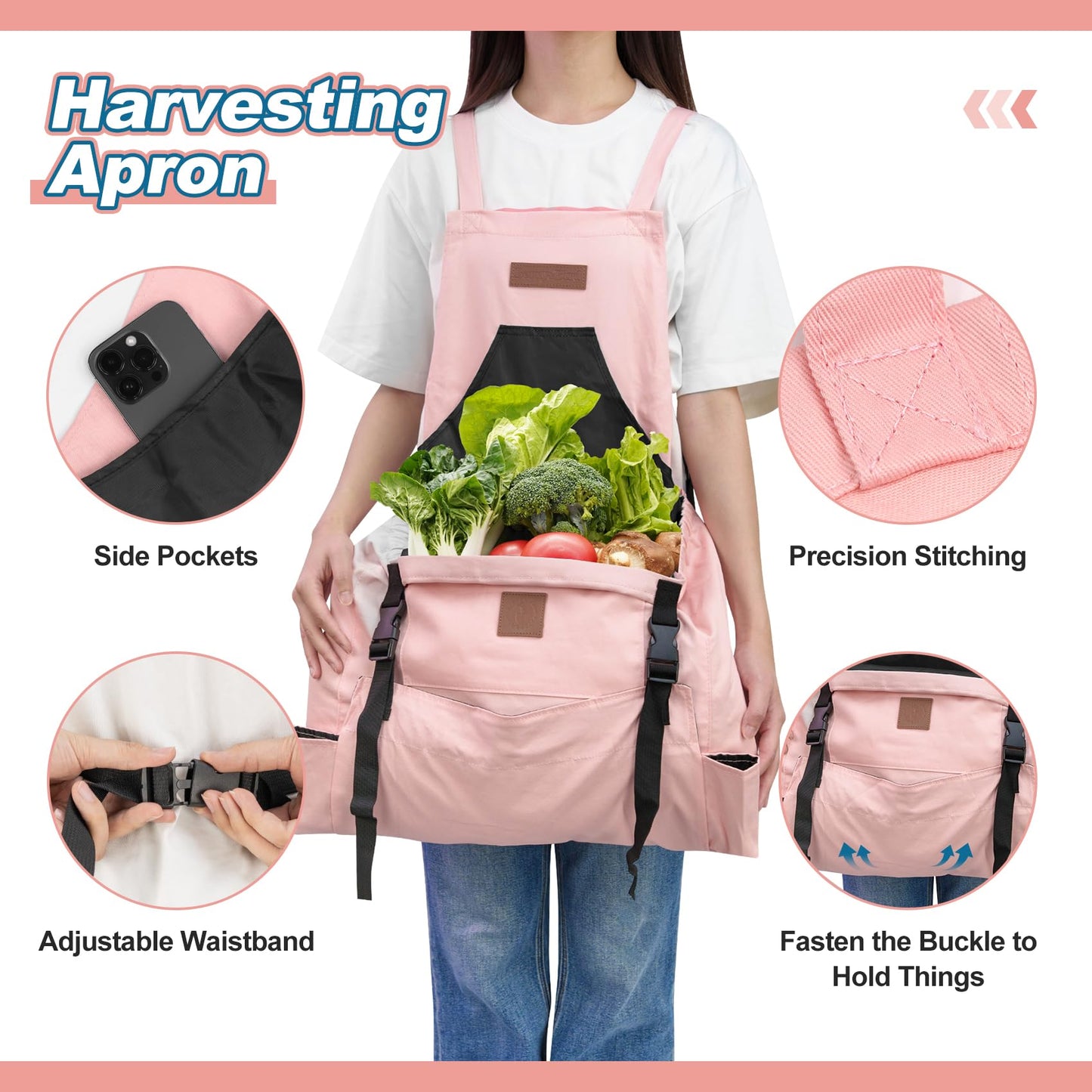 Berry&Bird Harvest Apron, Canvas Gardening Apron with Pockets and Harvesting Pouch Waterproof Harvesting Apron (Pink)