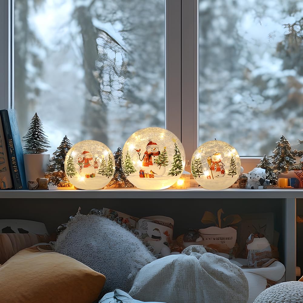 YEAHOME Christmas Decorations Indoor,Set of 3 Snowman Crackle Glass Ball with LED Lights Home Decor, Christmas Table Decorations Lighted Globes with Timer for Mantel Fireplace Tabletop