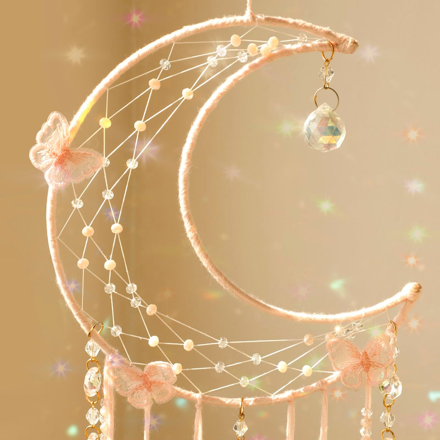 Artilady Butterfly Dream Catchers with Crystals - Large Boho Pink Moon Dream Catcher Wall Decor Home Decorations Girls Kids Baby Bedroom Room Decor Christmas Birthday Teen Girl Boys Gifts