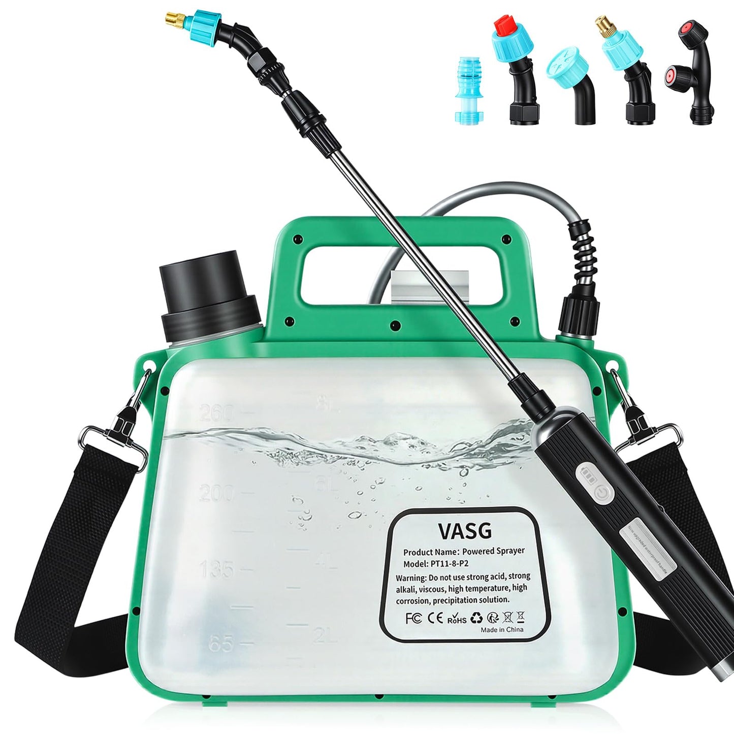 VASG Battery Powered Sprayer 2 Gallon, 7.4V Foldable Electric Pump Sprayer, Weed Sprayer with Waterproof Rechargeable Handle, 5 Mist Nozzles, Retractable Wand, Adjustable Strap for Lawn, Garden, Yard