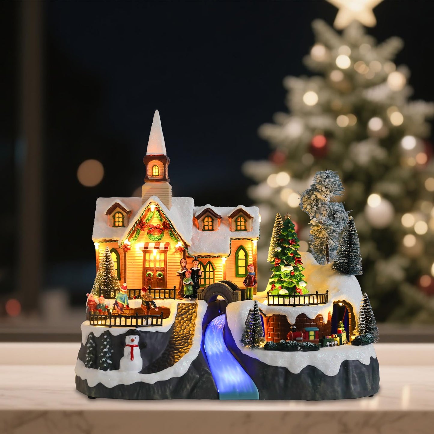 WONDER GARDEN Christmas Village Houses Church House Villages with Rotating Tree,Moving Train and Dancing Kids Musical Lighted Christmas Collectible Buildings for Indoor Decor or Gift