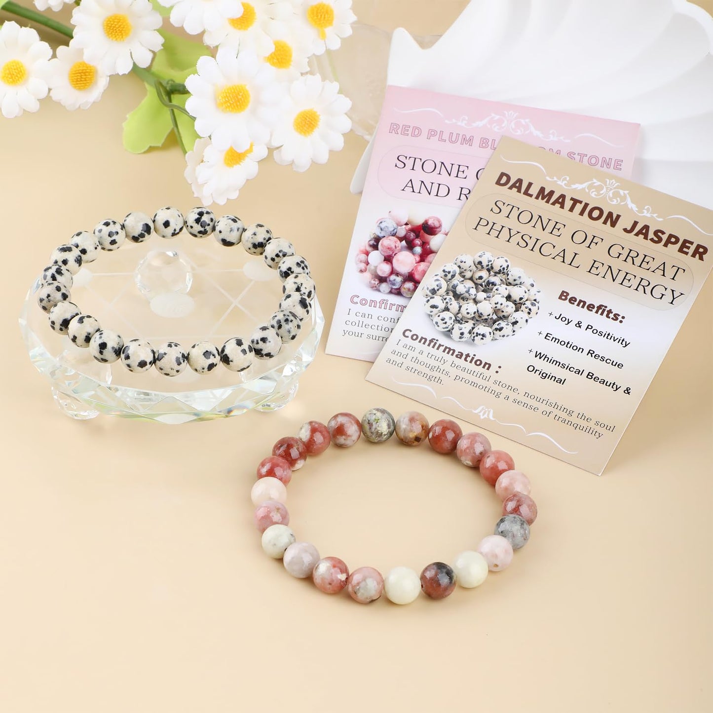 NCB 2-Piece 8mm Natural Crystal Gemstone Stretch Bracelets – ﻿Dalmation Jasper, Red Plum Blossom Stone Handmade Reiki Energy Healing Jewelry for Meditation,Yoga, Unisex