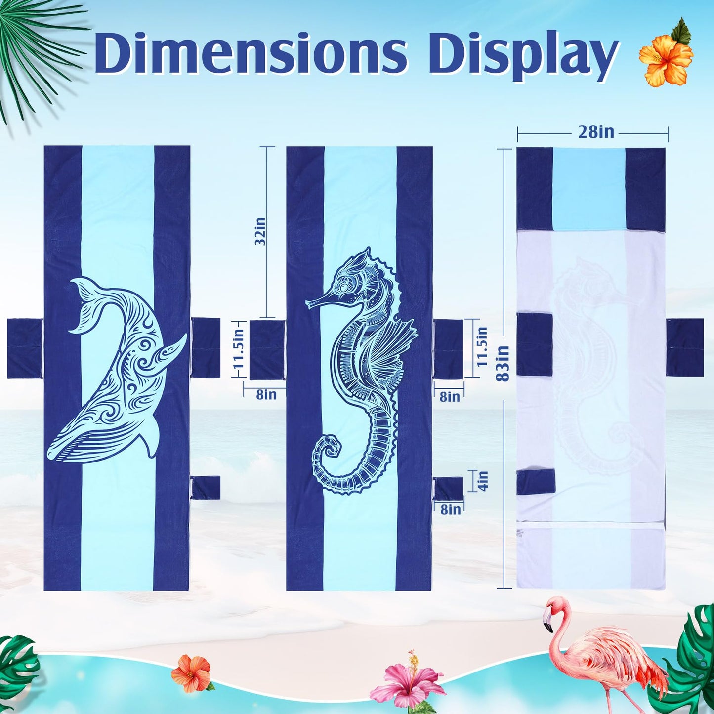 Hillsuren 2 Pcs Pool Lounge Chair Towel Cover with 3 Pockets, 85 x 30 Inch Beach Pool Chair Towels Microfiber Chaise Lounge Covers for Outdoor Summer Sunbathing Beach Garden Lounger(Haima Whale)