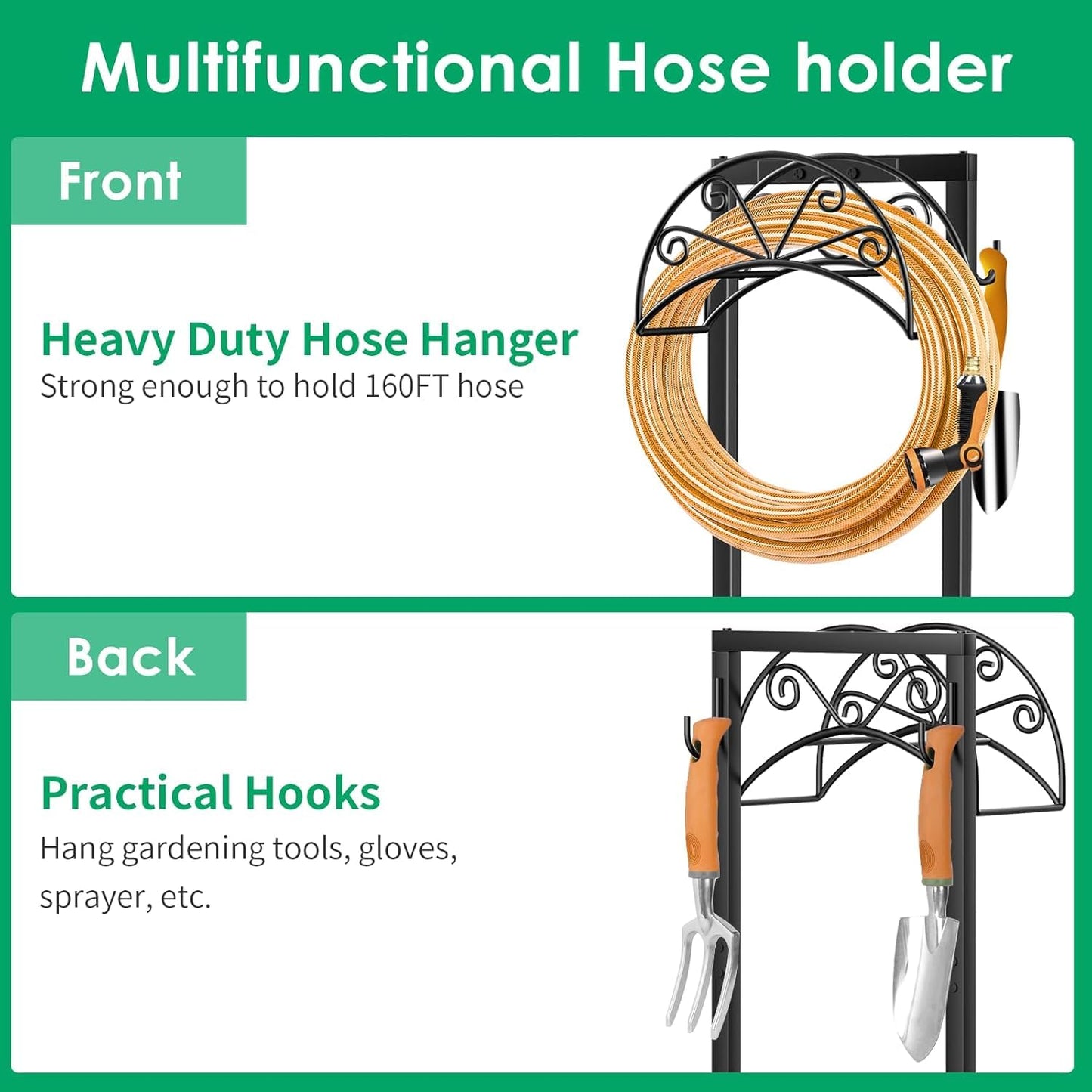 TomCare Garden Hose Holder Heavy Duty Water Hose Holder Holds 160 FT Hoses 4 Spikes Hose Reel Freestanding Hose Hanger Sturdy Hose Storage Stand for Outside Yard Lawn