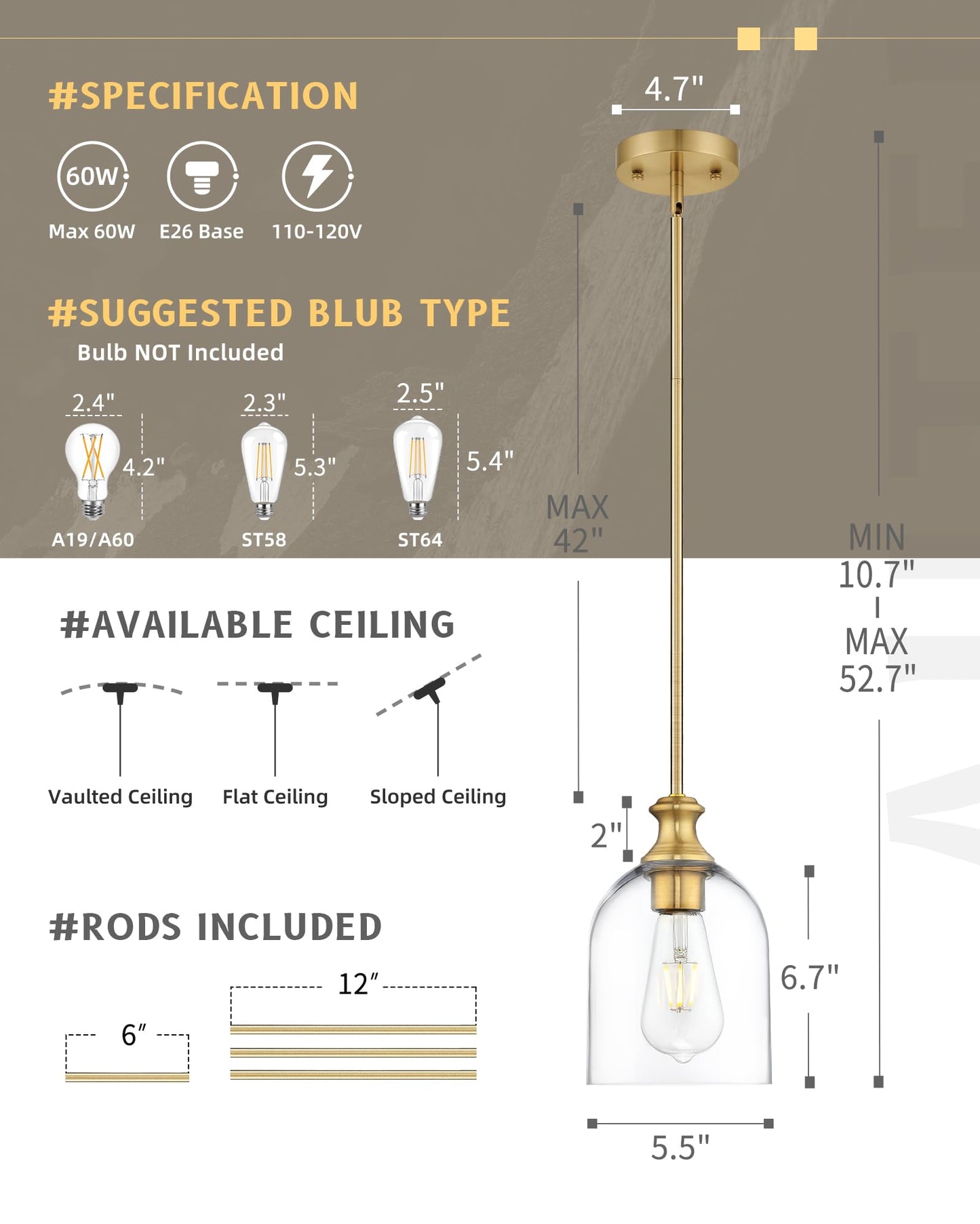 Autelo Gold Pendant Lights, 1-Light Pendant Lights Kitchen Island in Brushed Gold Finish with Clear Cylinder Glass, Vintage Pendant Light Fixtures, Vintage Hanging Lights for Kitchen Island H2511 CLBG
