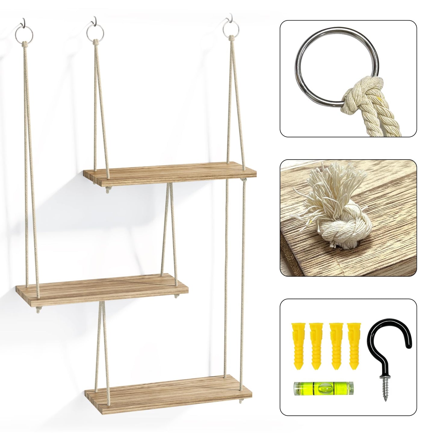 Fixwal Hanging Plant Shelves for Wall, 3 Tier Boho Wall Decor Plant Rack Floating Shelves Rope Rustic Wood Organizer Storage Hanger for Aesthetic Home Bedroom Kitchen Bathroom- Rustic Brown