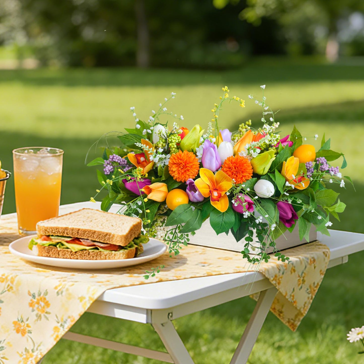 Artificial Tulip & Dahlia Table Centerpiece Lifelike Faux Flowers with Decorative Lemons & Greenery, Spring & Summer Tabletop Decor for Dining Room, Kitchen Island, Coffee Table, Weddings & Home