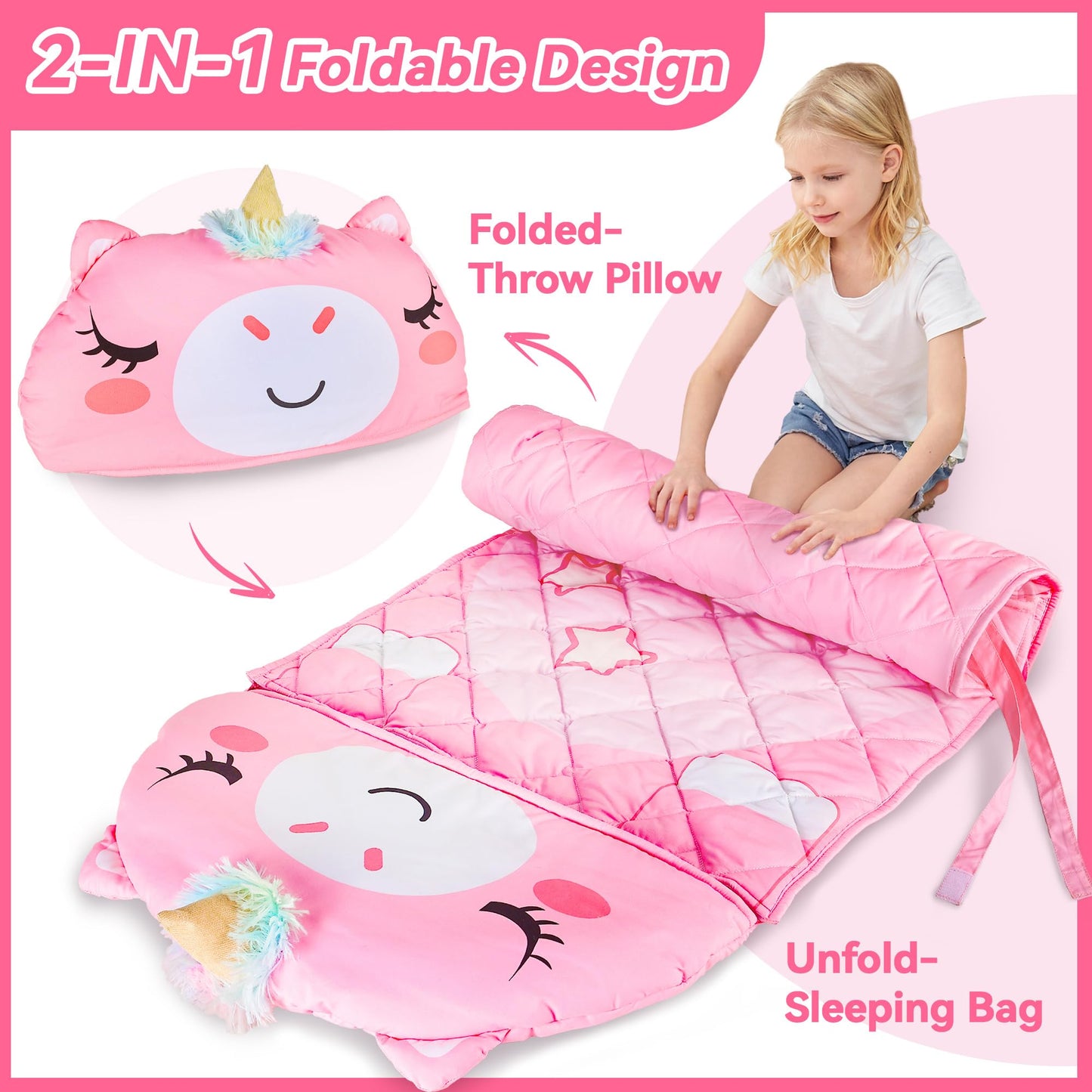 iPlay, iLearn Kid Sleeping Bag, Unicorn Slumber Sack, Toddler Girl Nap Mat, 2 in 1 Pink Animal Cushion Blanket, Happy Travel Sleepover Daycare Preschool Birthday Gift for 3 4 5 6 Year Old Child