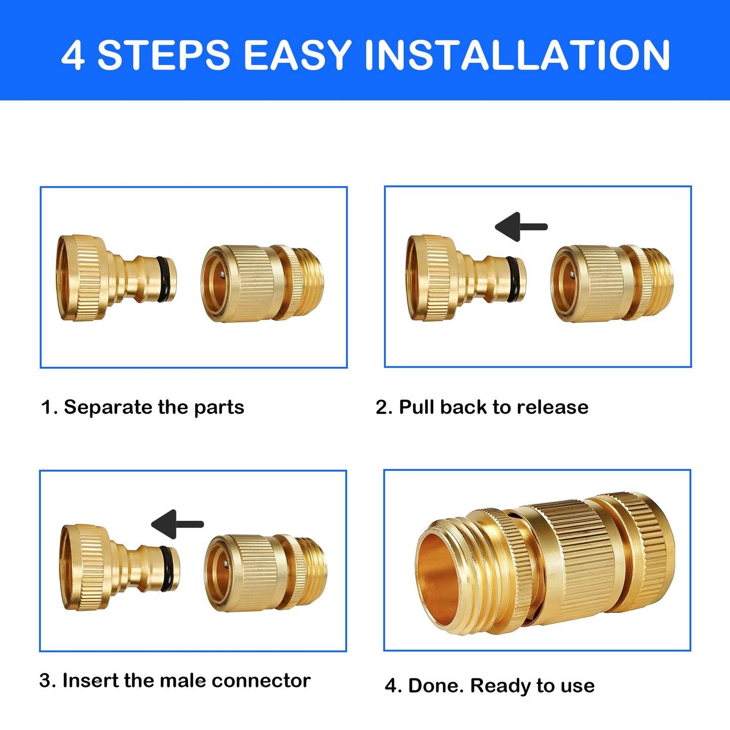Hourleey Garden Hose Quick Connect, 8 Set Solid Brass 3/4 Inch GHT Thread Garden Hose Quick Connect Fittings, No-Leak Male and Female Water Hose Quick Release Connectors