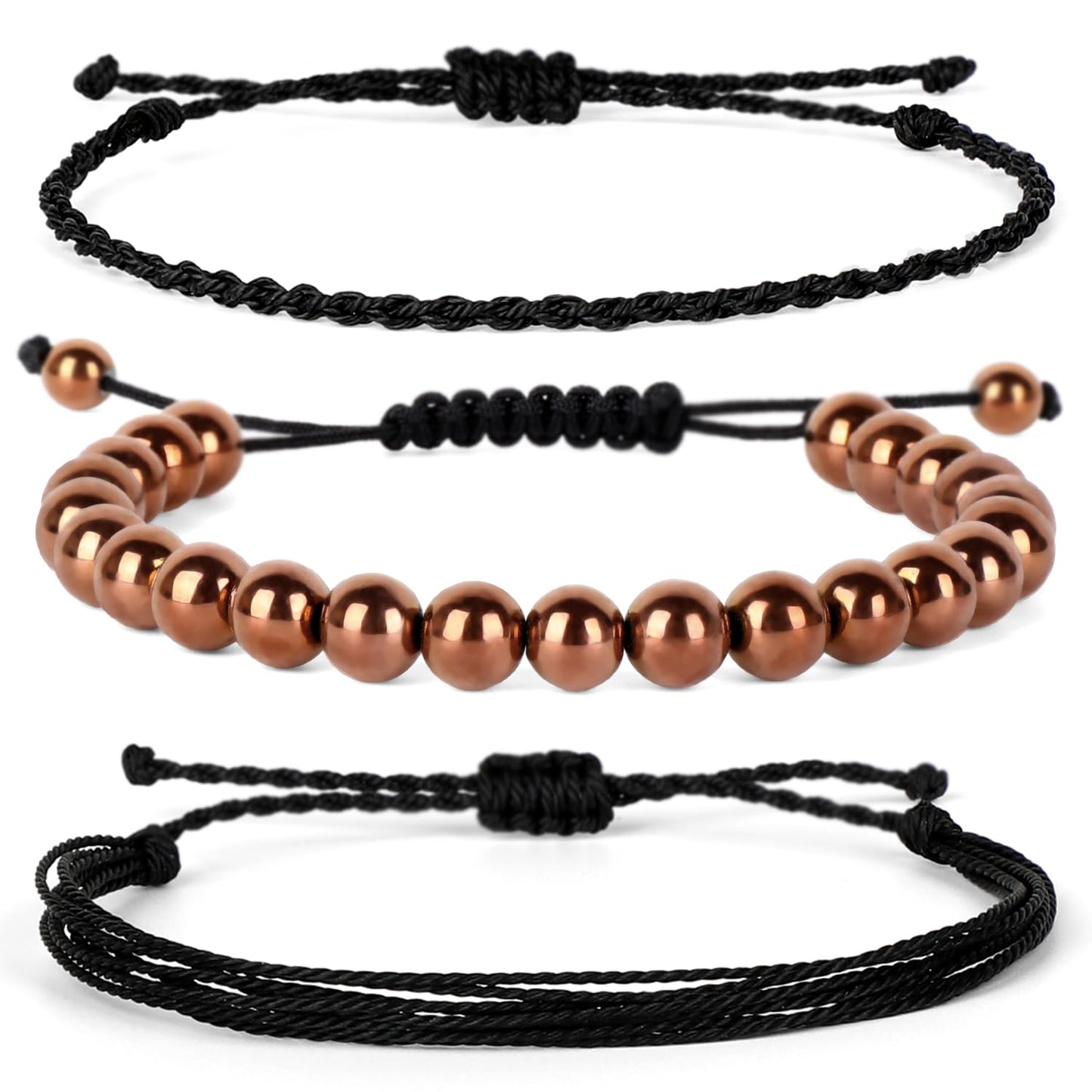 QOGIR Handmade Healing Bracelet,8mm Natural Copper Hematite Gem Stone Beads Bracelet for Men Women Gifts with 2PCS Size Adjustable Rope Bracelets