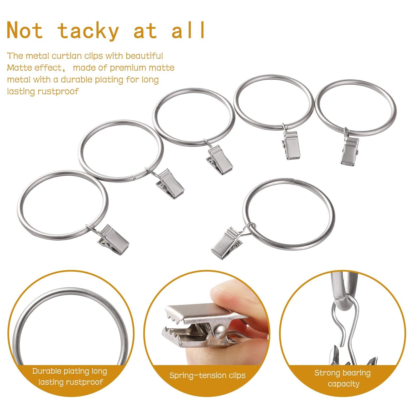 Lansian 20pcs Rustproof Drapery Matte Stainless Steel Metal Curtain Rings with Clips,Tension Curtain Hangers Clips, Decorative Curtain Rod Window, Matte Silver (1" Interior Diameter)