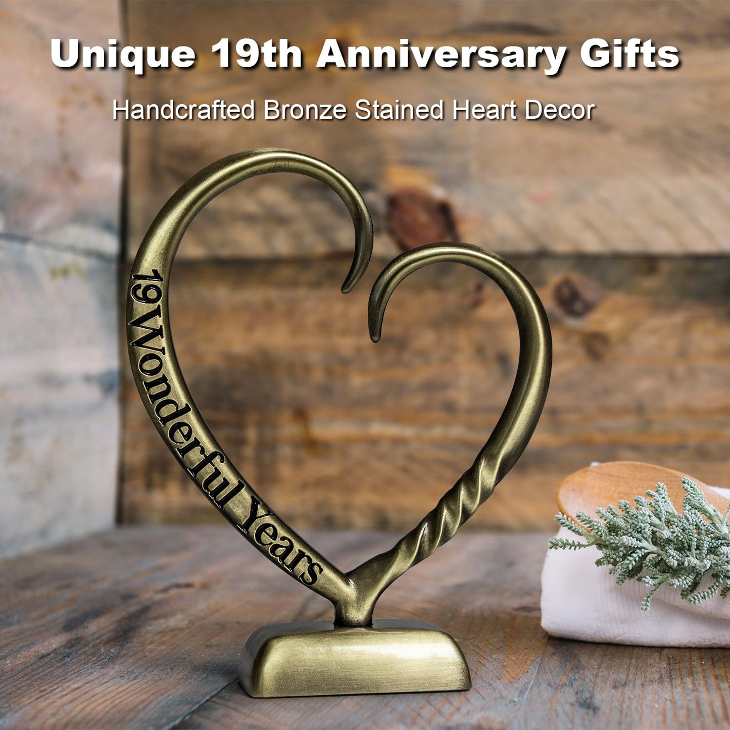 BESZONE 19 Year Anniversary Bronze Gifts for Her Him Gift 19th Wedding Anniversary for Couples Wife Husband Men, Hand Forged Bronze Heart Art Keepsake Home Decor Artwork
