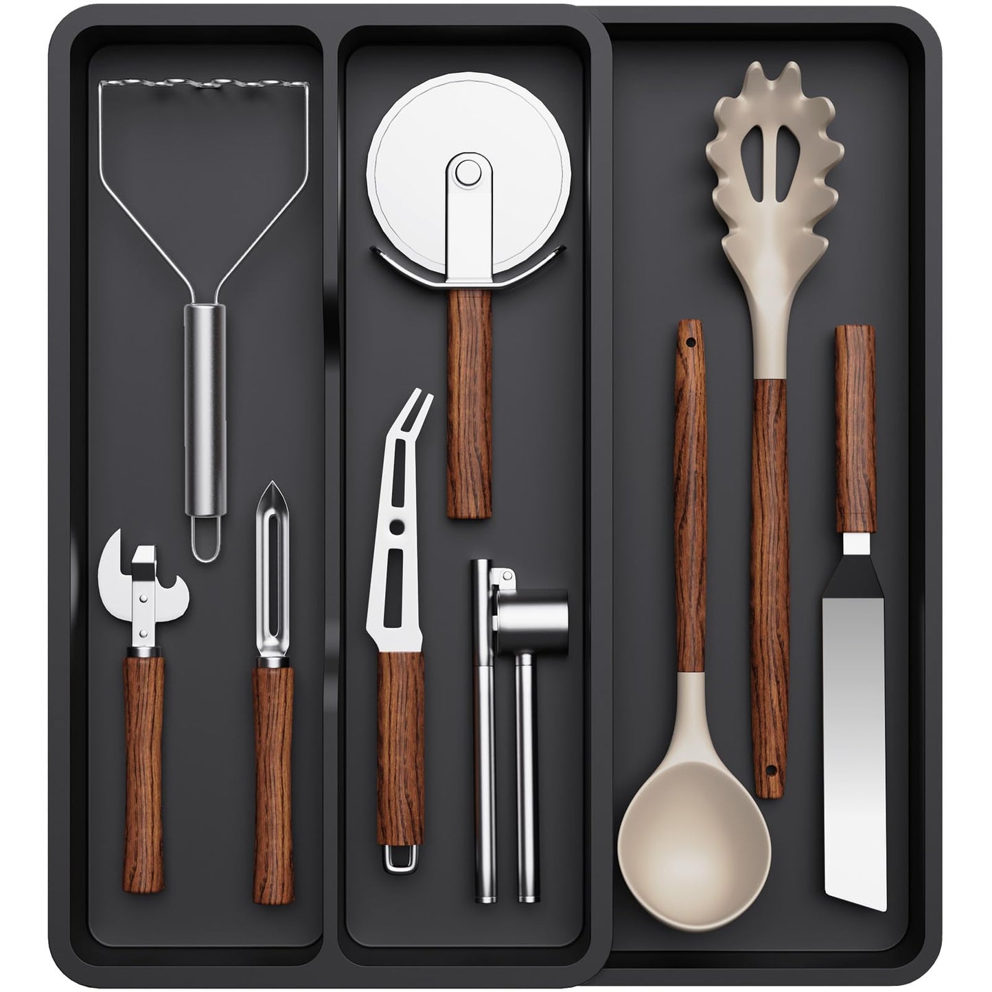 Lifewit Utensil Organizer for Kitchen Drawer, Expandable Cooking Silverware Tray, Adjustable Cutlery Flatware Holder, Plastic Spatula Tools Storage Divider, 14.4 x 15.8", Black