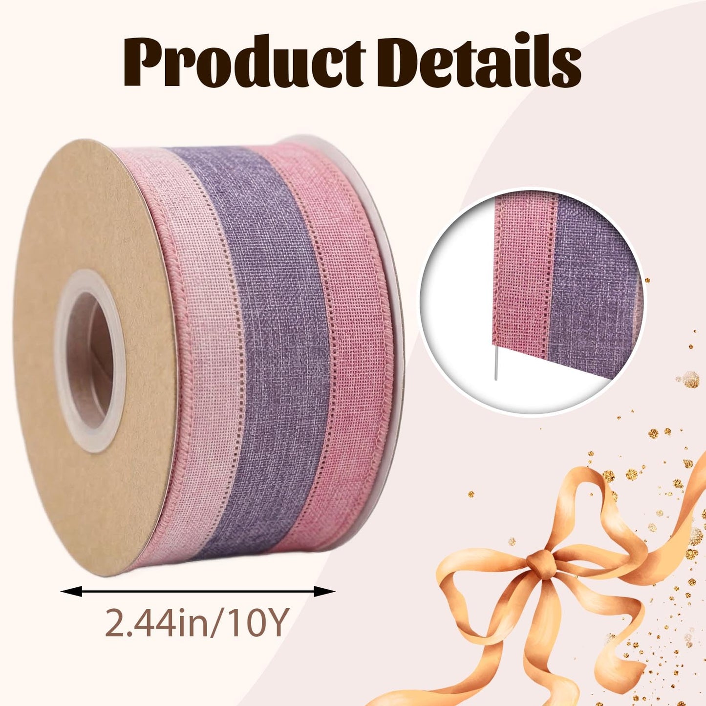 Vickasi Holiday Bow Ribbons for Holiday Birthday Accessory Decor, Spring Pink Purple Stripe Wired Edge Ribbons for Bow Making, Baby Shower Ribbon Bows