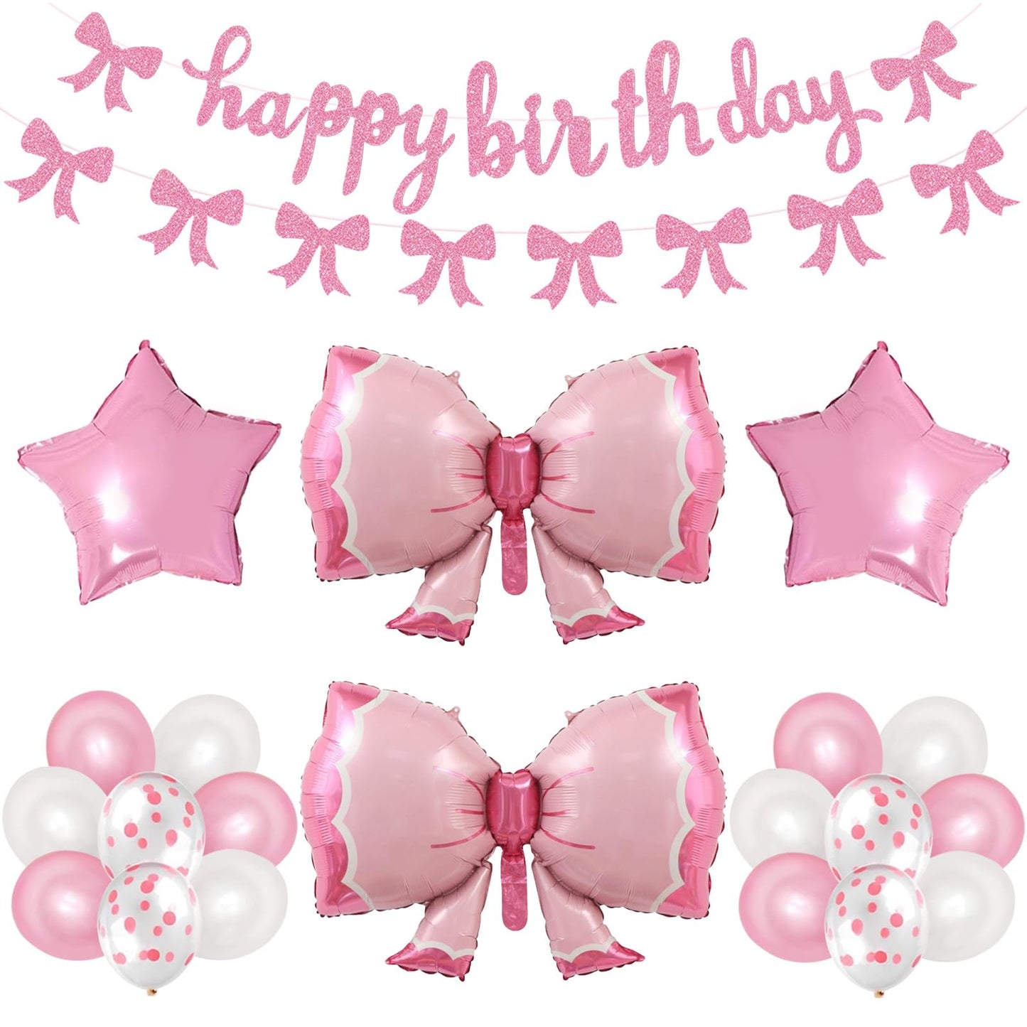 Phoaxul Cute Pink Bow Birthday Decorations for Girls, Glitter Happy Birthday Banner, Bow Balloons, Pink Party Decorations for Women, Baby Girl Shower, Princess Bday Party Supplies