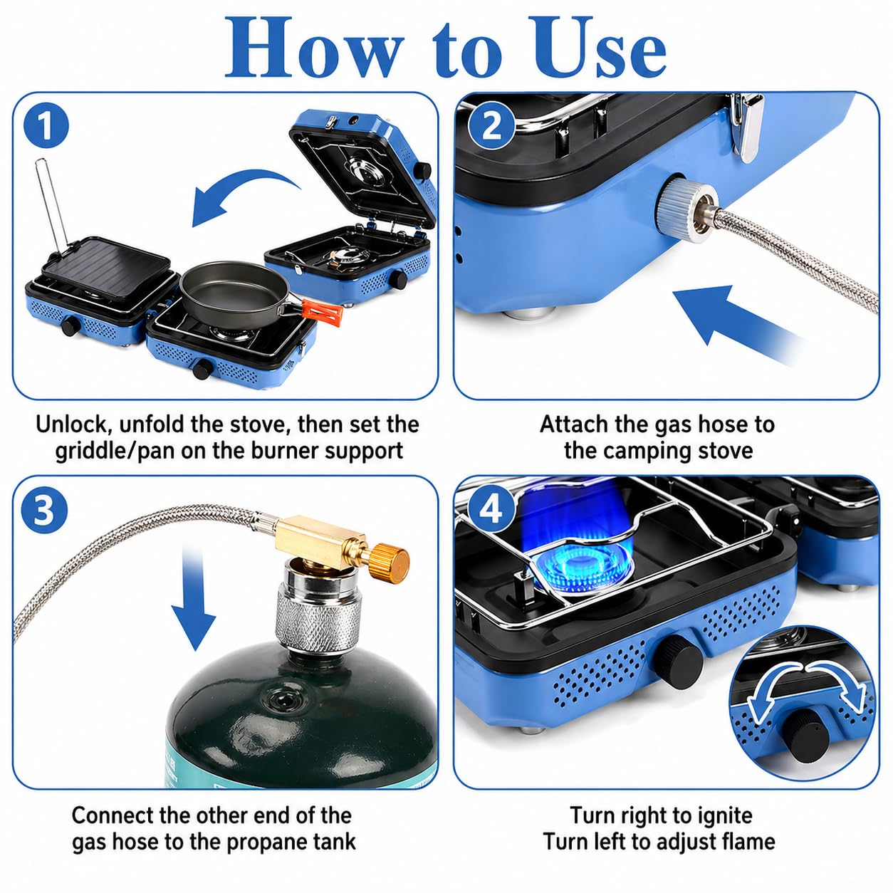 Hisencn 2 Burner Propane Camping Stove, 30000 BTU Foldable Portable Gas Stove with Cookware Set & Carry Bag, Outdoor Cooking for Camping, RV, Emergency Use, Blue