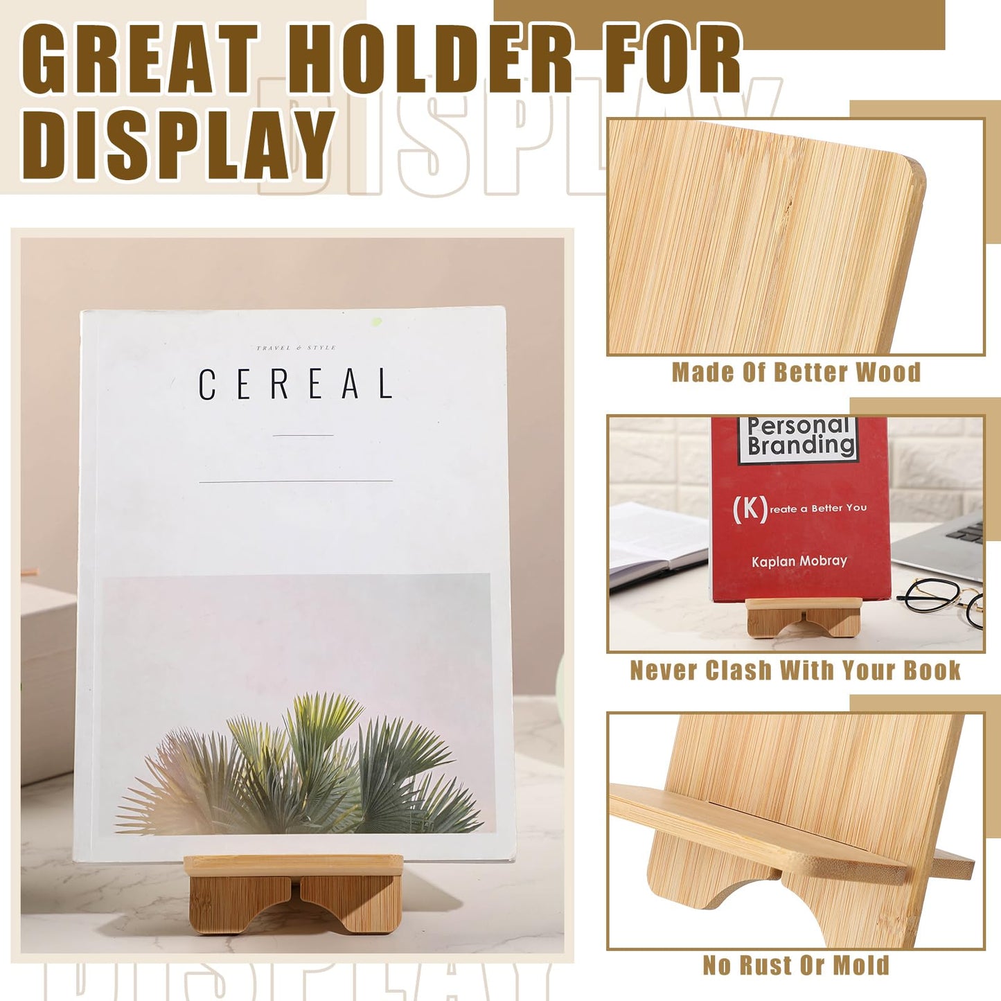 Memorywuu 4 Pcs Bamboo Book Stand for Display Book Holder Easel Stand Collector Display Back to School Gift for Home Office Album Cd Magazine Comic Postcard Picture Artworks