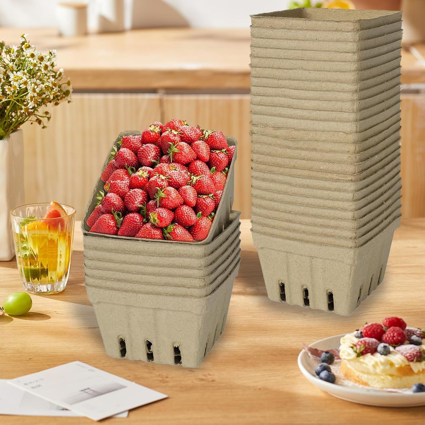 60 Pack Natural Pulp Fiber Berry Basket, Molded Produce Vented Kitchen Supplies for Strawberry Blueberry Raspberry, fruit baskets,berry containers,farmers market stand (Berry Basket (60 Pcs))