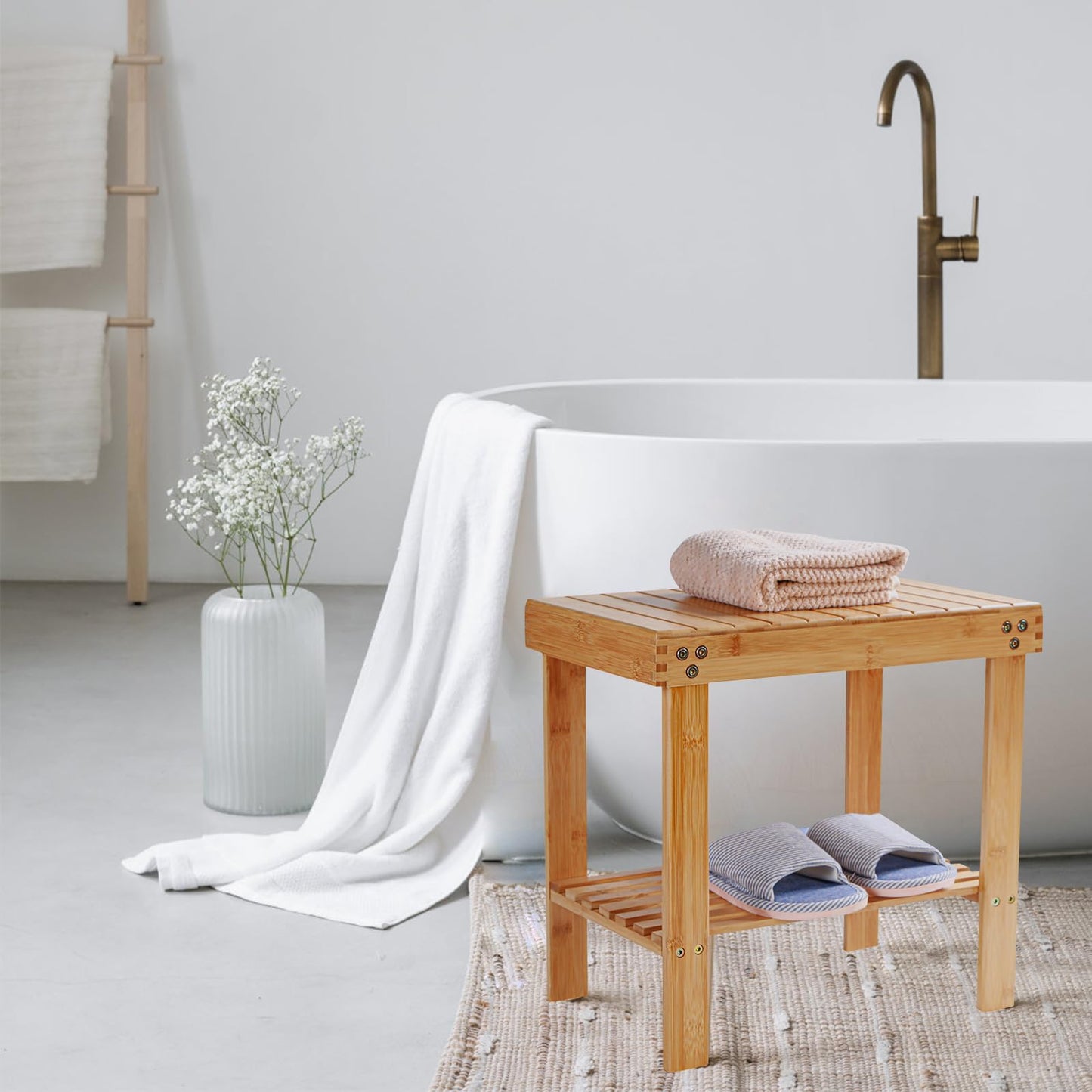 VaeFae Bamboo Shower Bench, Spa Bench Seat Stool, Foot Rest Shaving Stool with Non-Slip Feets and Storage Shelf, Works in Bathroom/Living Room/Bedroom/Garden Leisure