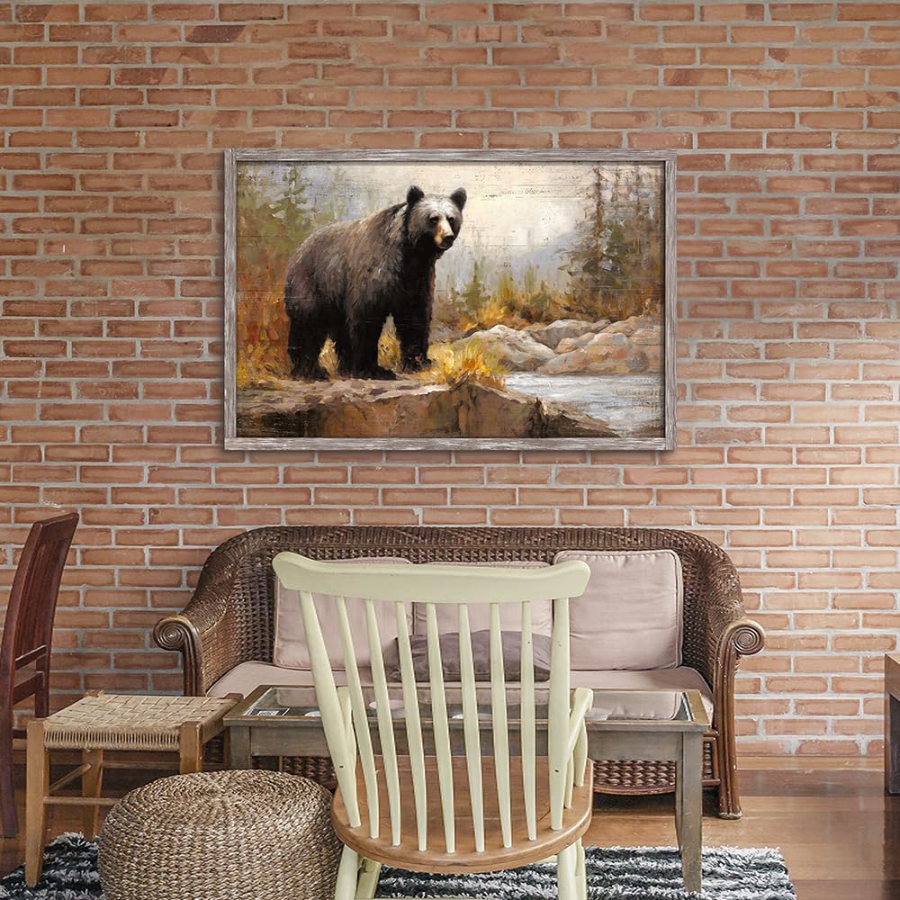 Framed Bear Picture Wall Art: Large Wild Animal Prints Woodland Wildlife Artwork Rustic Farmhouse Wood Painting for Living Room Bedroom