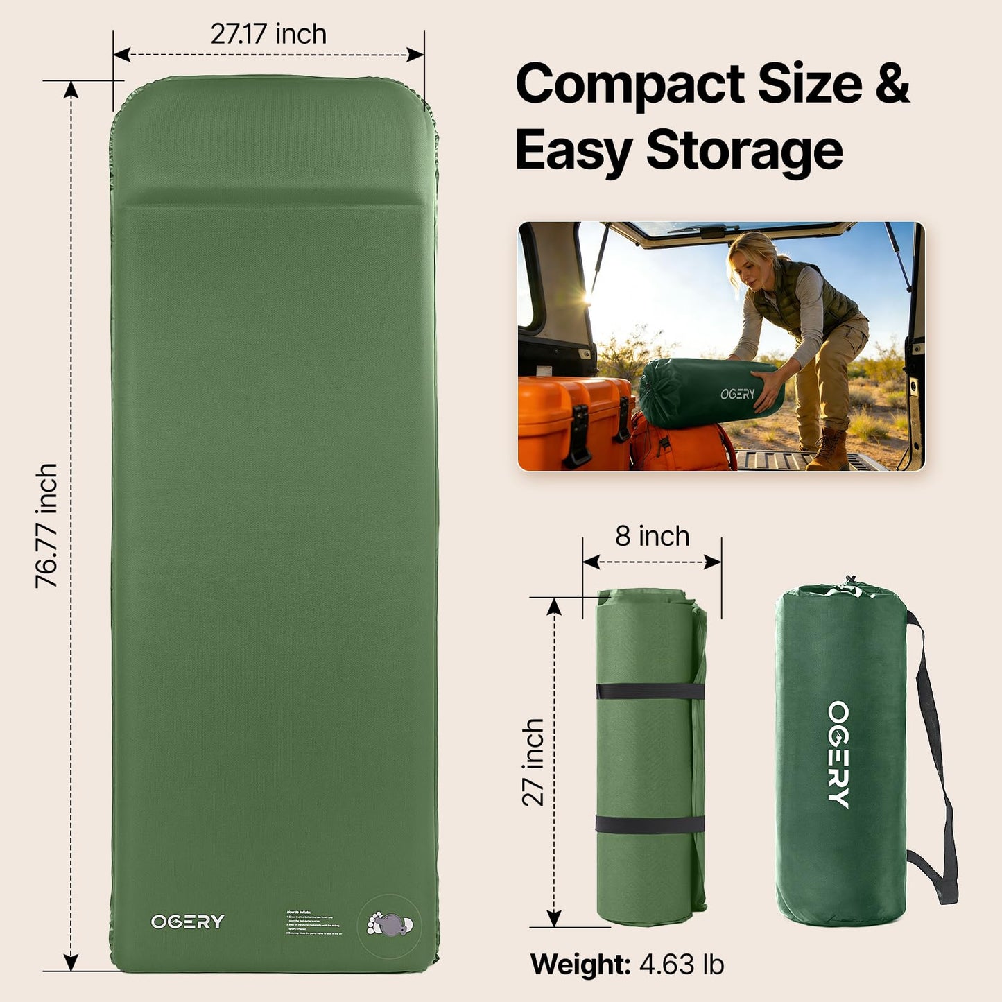 OGERY Self-Inflating Sleeping Pad with Built-in Foot Pump, 3" Memory Camping Mattress Pad, Quiet & 9.5 R-Value Insulated Sleeping Mat Camping Essential Gear for Car Tent Camping