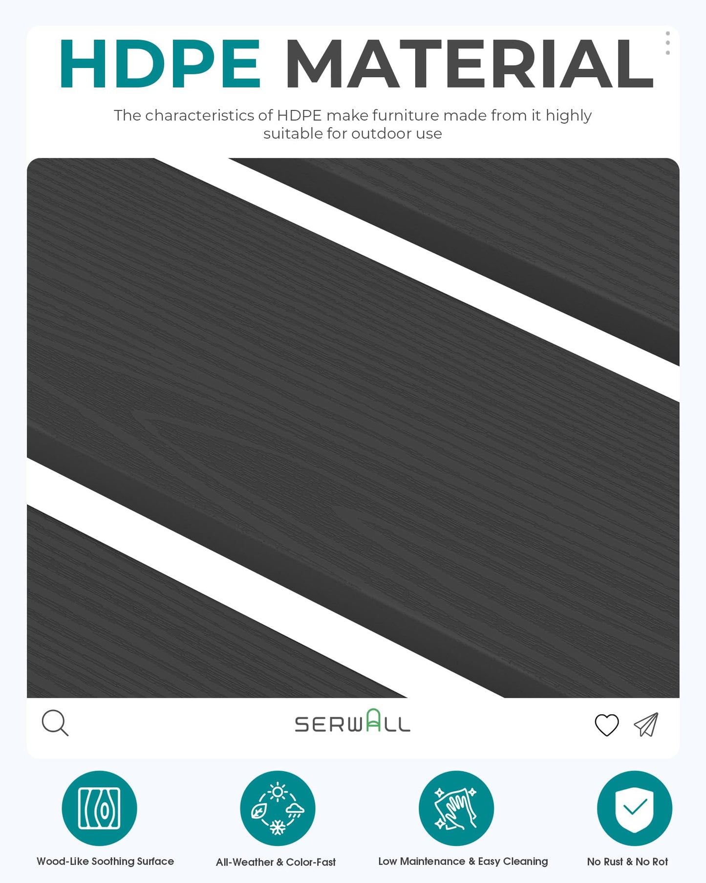 SERWALL 47 Inches Outdoor Bench, All Weather HDPE Backless Bench with Wood Grain Texture for Garden Porch and Park, Curved Bench Seat for Comfort, Black