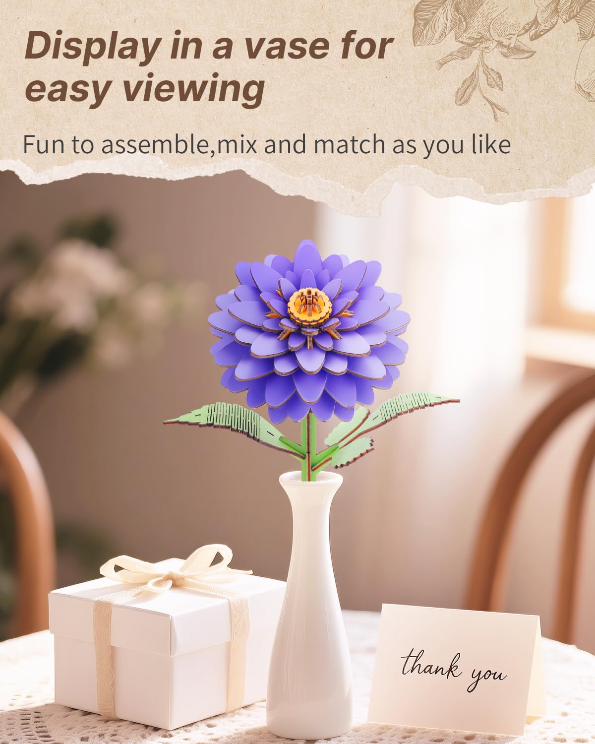 Kaayee 3D Flower Wooden Puzzles for Adults-Dahlia, Wooden Flowers Model Kit Set DIY Crafts to Build, Mother's Day/Botanical Collection/Ideal Creative Gift Ideas/Housewarming（117 PCS）