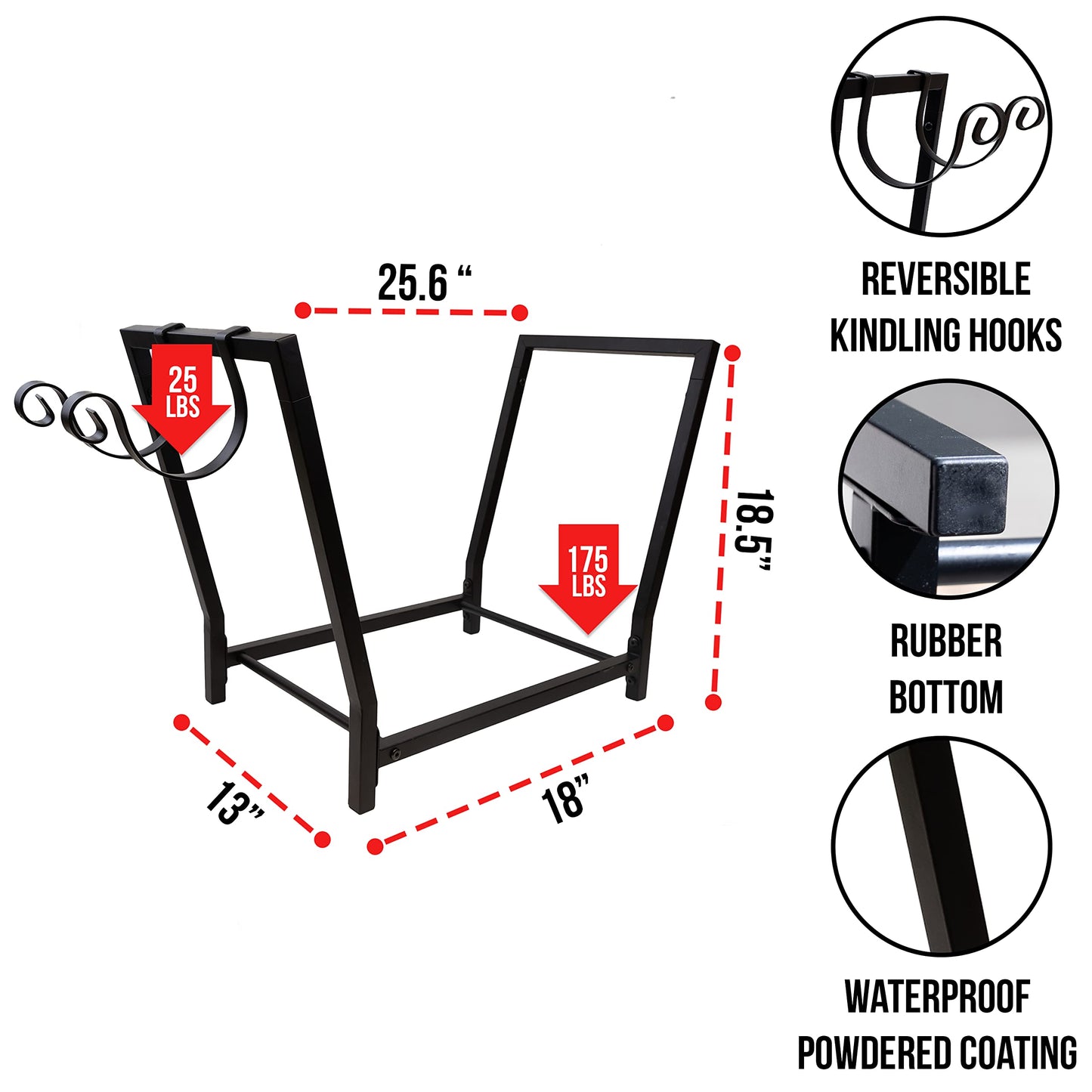 FireProof Pros Firewood Rack Outdoor and Indoor Firewood Storage with Kindling Hooks. 25.6in