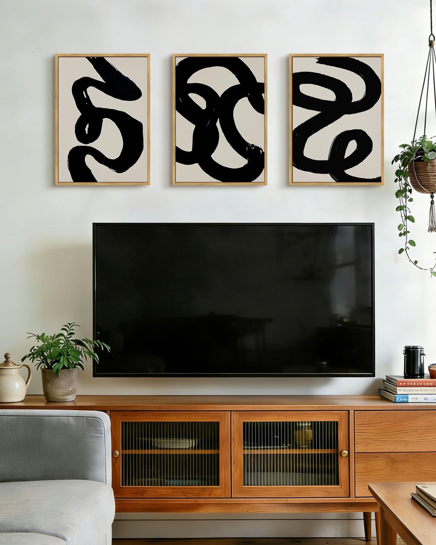 PHOPAGO Black Abstract Wall Art Ink Wash Minimalist Lines Framed Canvas Painting Artwork 11x14in Natural Framed