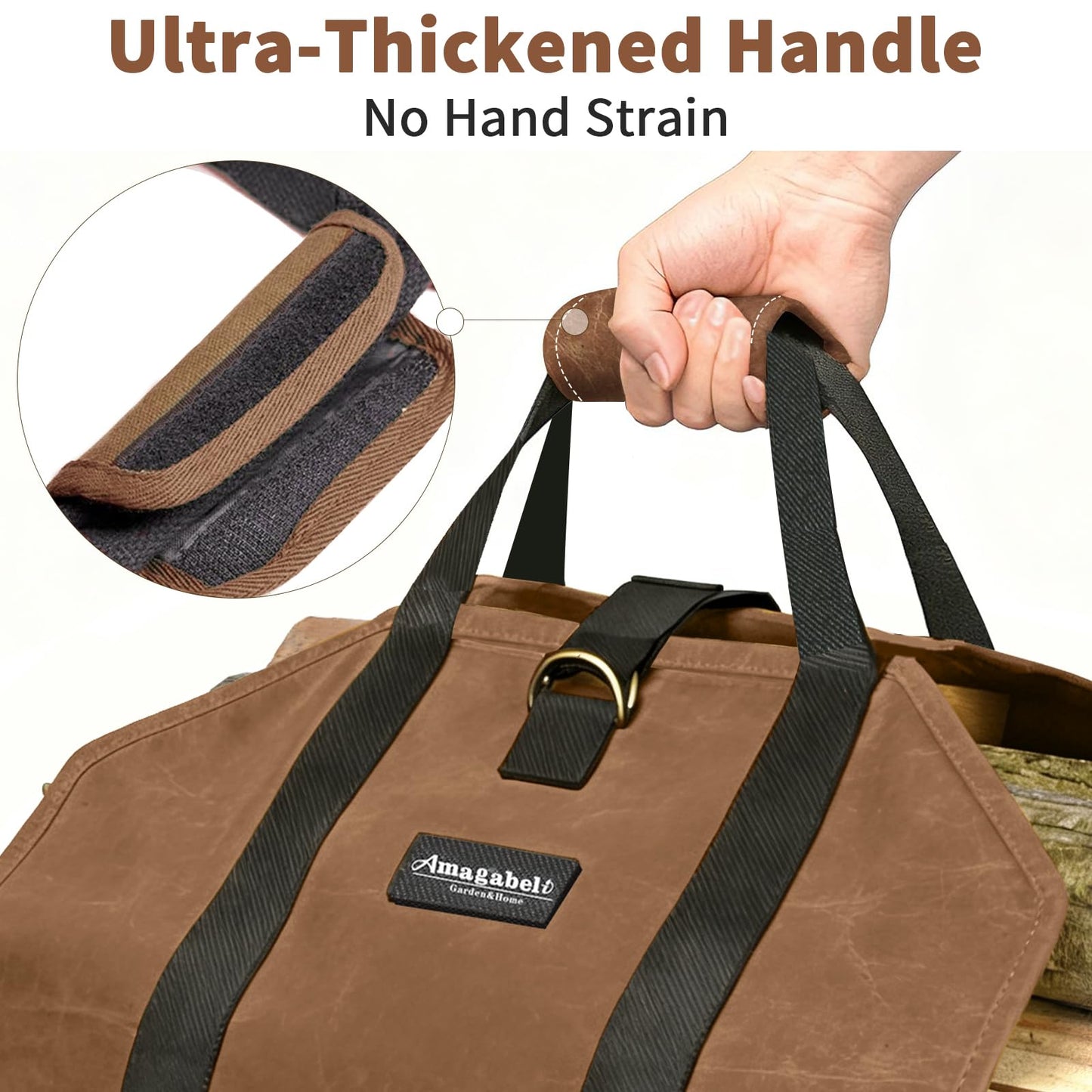 AMAGABELI GARDEN & HOME Firewood Carrier Waxed Canvas Firewood Bag Heavy Duty Large Fireplace Carrier Durable Log Tote Fire Wood Carring Bag with Handle Wood Sling Holder Cabin Stove Accessories Brown