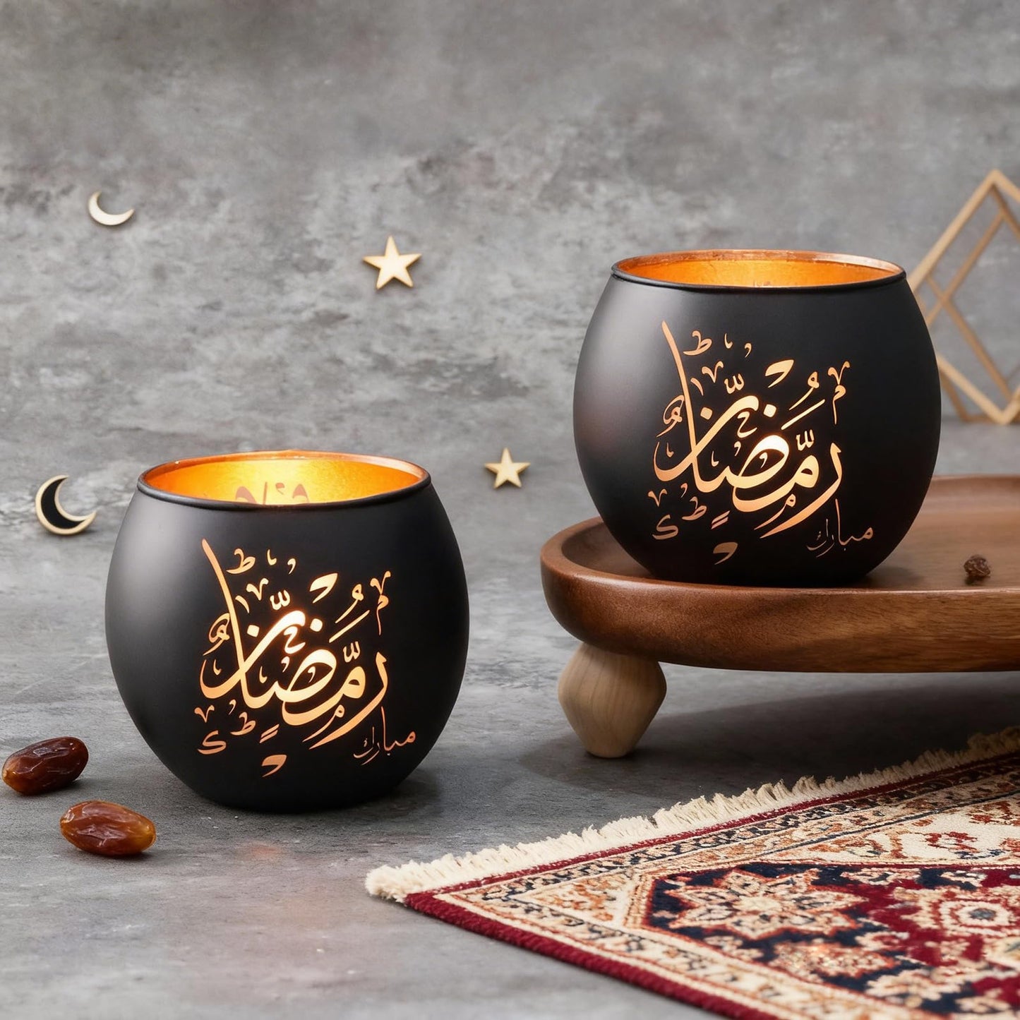 Eid Mubarak Decorations Indoor, Arabic Calligraphy 4 Pcs Laser Etched Glass Tealight Candle Holders, Ramadan Kareem & Ramadan Mubarak Votive Holders for Table Decor, Islamic Gifts