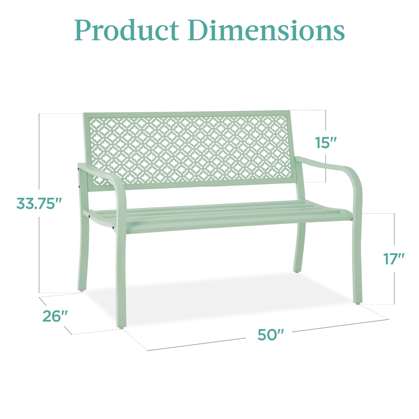 Best Choice Products Outdoor Bench 2-Person Metal Steel Benches Furniture for Garden, Patio, Porch, Entryway w/Geometric Backrest, 790lb Capacity - Mint Green
