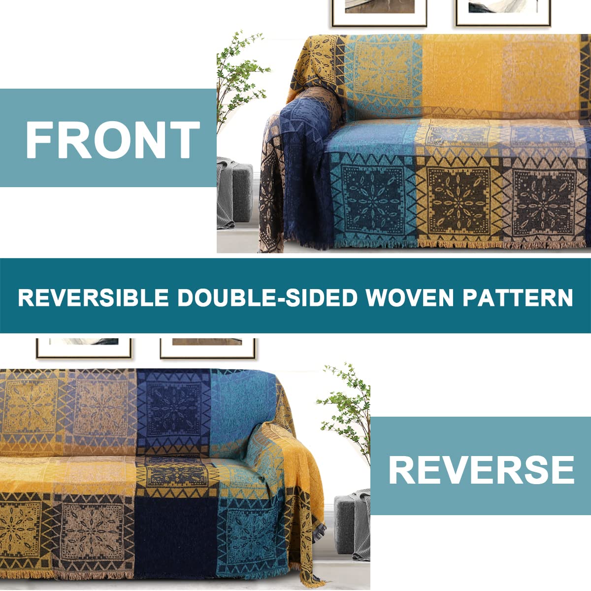 Turquoize Boho Couch Cover Bohemian Cotton Sofa Cover Sofa Throw Cover for Couches Sofa Slipcover Sectional Sofa Couch Covers Feature Hippie Chenille Jacquard Fabric(91"x 134",XX-Large,Yellow Navy)