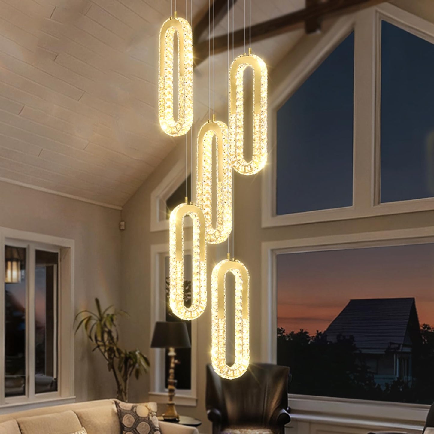 ykolupty 5-Lights Modern Crystal Chandelier for High Ceiling LED Dimmable Ring Pendant Chandeliers Stairwell Chandelier Lighting Gold
