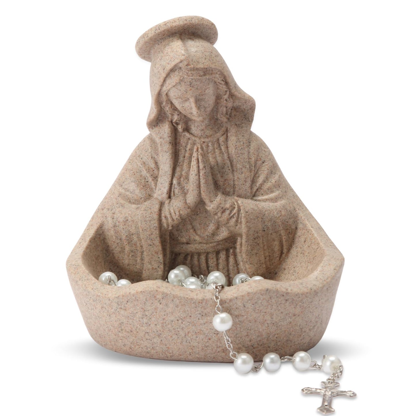 LVEOLU Virgin Mary Statue, Catholic Gifts for Women, Virgin Mary Keepsake Rosary Holder, 5.5" Blessed Mother Statues, Catholic Decor (Sandstone)
