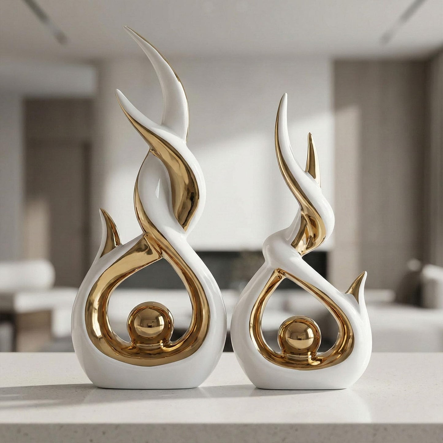 LCCCK White and Gold Abstract Ceramic Sculpture Set of 2 Modern Electroplated Figurines Decorative Statues for Living Room Shelf Mantel Tabletop Home Decor Housewarming Gift