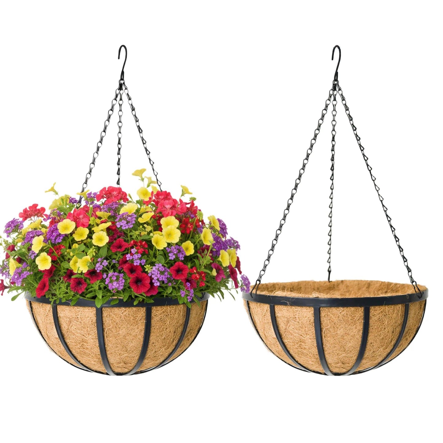 KIDYBELL 2 Pack 12 Inch Round Hanging Basket with Coco Liners， Metal Hanging Baskets for Plants Outdoor， Hanging Planter with Chain Garden Products for Outdoor, Porch, Lawn, Garden