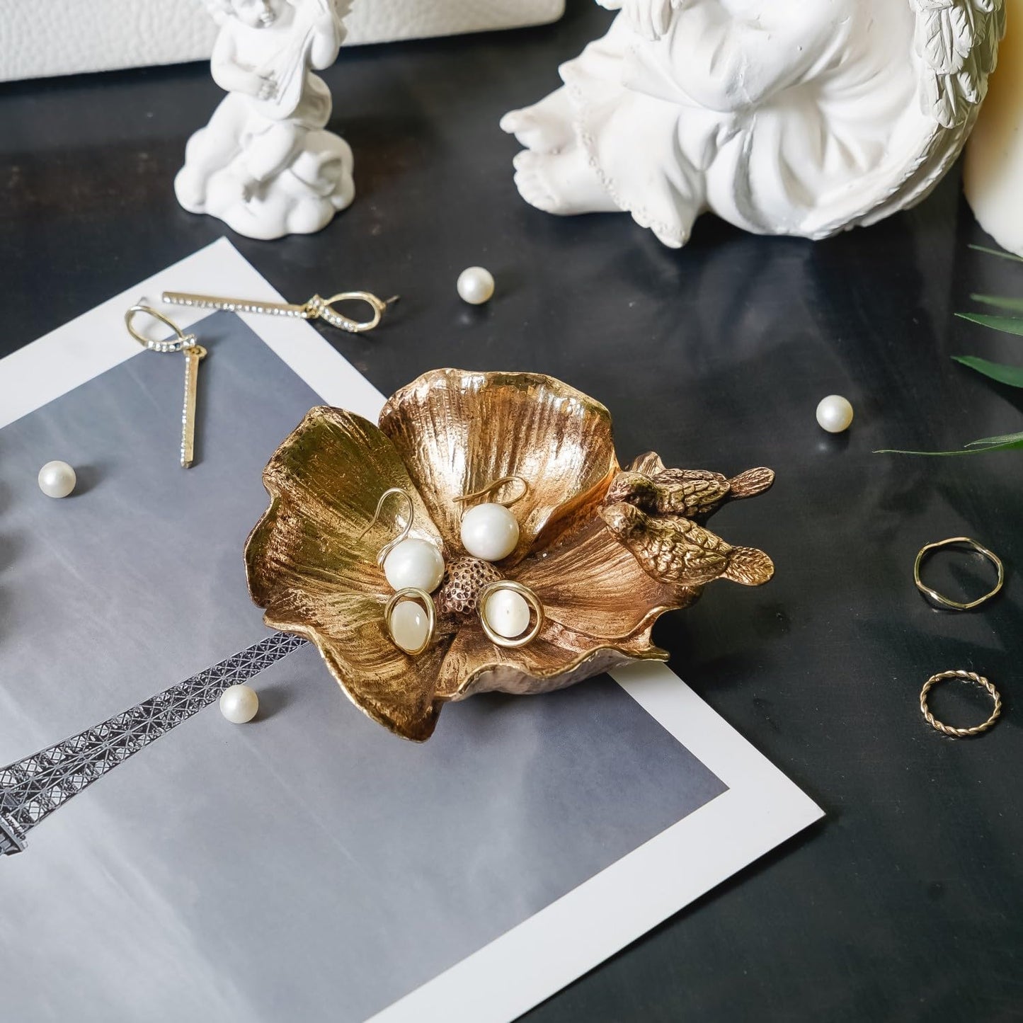 NIKKY HOME Small Jewelry Dish Tray, Vintage Bird Ring Holder, Gold Jewelry Tray, Trinket Dish Vanity Tray for Dresser Christmas Birthday Wedding Gifts
