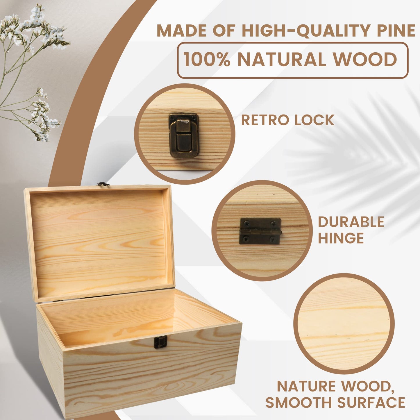 VIKOS Products 13.8x9.9x6.7-Inch/ 3.33-Gal. X-Large Unfinished Wooden Box for DIY Crafts & Storage with Hinges & Retro Front Clasps - Natural Pine - Smooth Paintable Surface