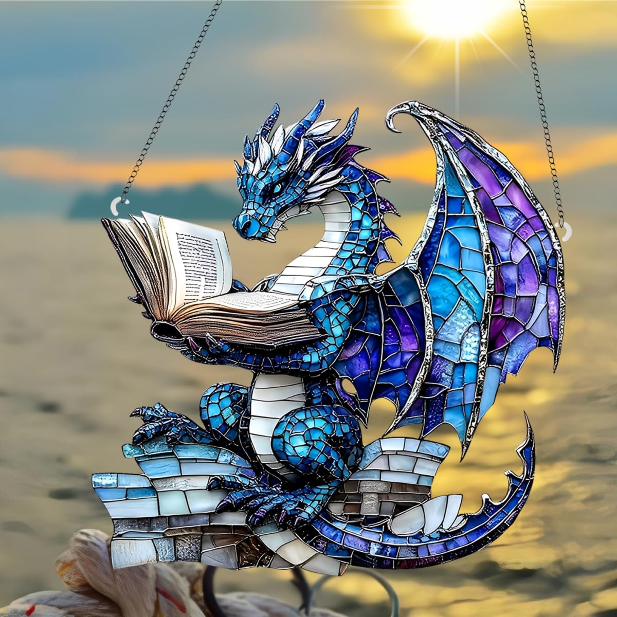 1PC Blue Dragon Reading Acrylic Suncatcher Hanging, 7.08 inch Window Decor with Printed Stained Glass Style Design, Rainbow Maker Wall Art, Gift Idea & Garden Ornament Indoor Outdoor Use/DW-17