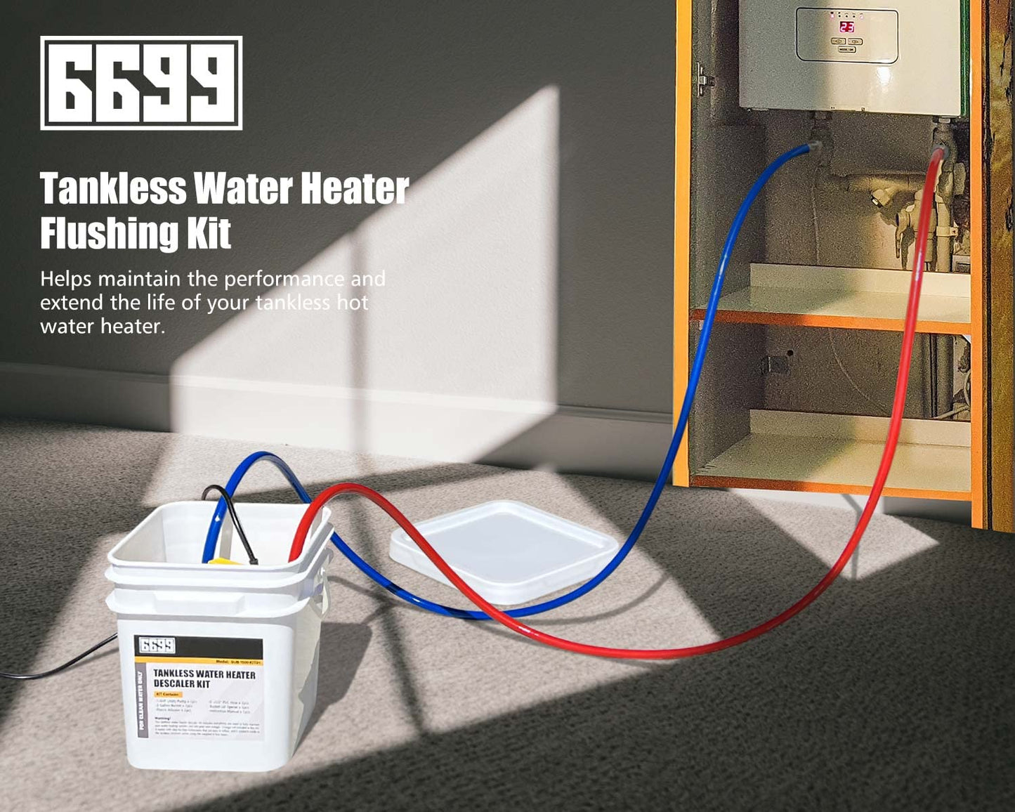 6699 Tankless Water Heater Flushing Kit Includes 1/4HP Submersible Sump Pump with Two Adapters & 3 Gallons Pail with Bucket Lid Opener & Two 1/2” Dia X 6’ PVC Hoses with Washers