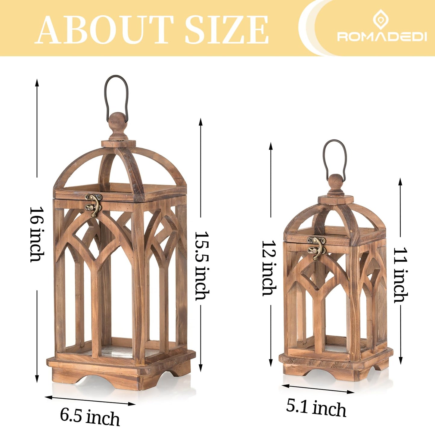 Romadedi Farmhouse Candle Lantern Wooden - 12" / 16" Set of 2 Decorative Rustic Wood Candle Holder Home Decor Decoration Wedding Table Centerpiece, Brown