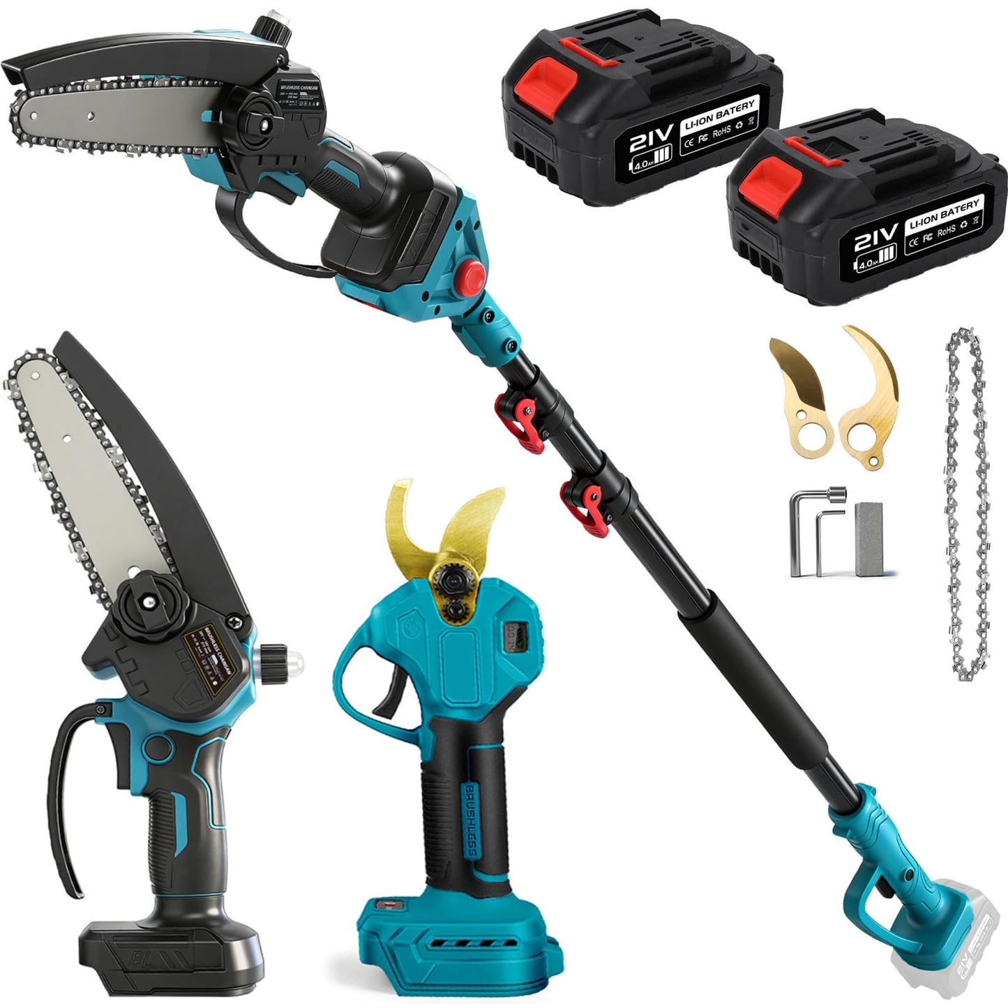 Gpaentsn 4-in-1 Brushless Mini Chainsaw & Electric Pruning Shears Combo Kit with 8.5ft Extension Pole, 6-Inch Cordless Pole Saw, Electric Pruning Shears, 2x 21V Batteries, Tool Set for Tree Trimming